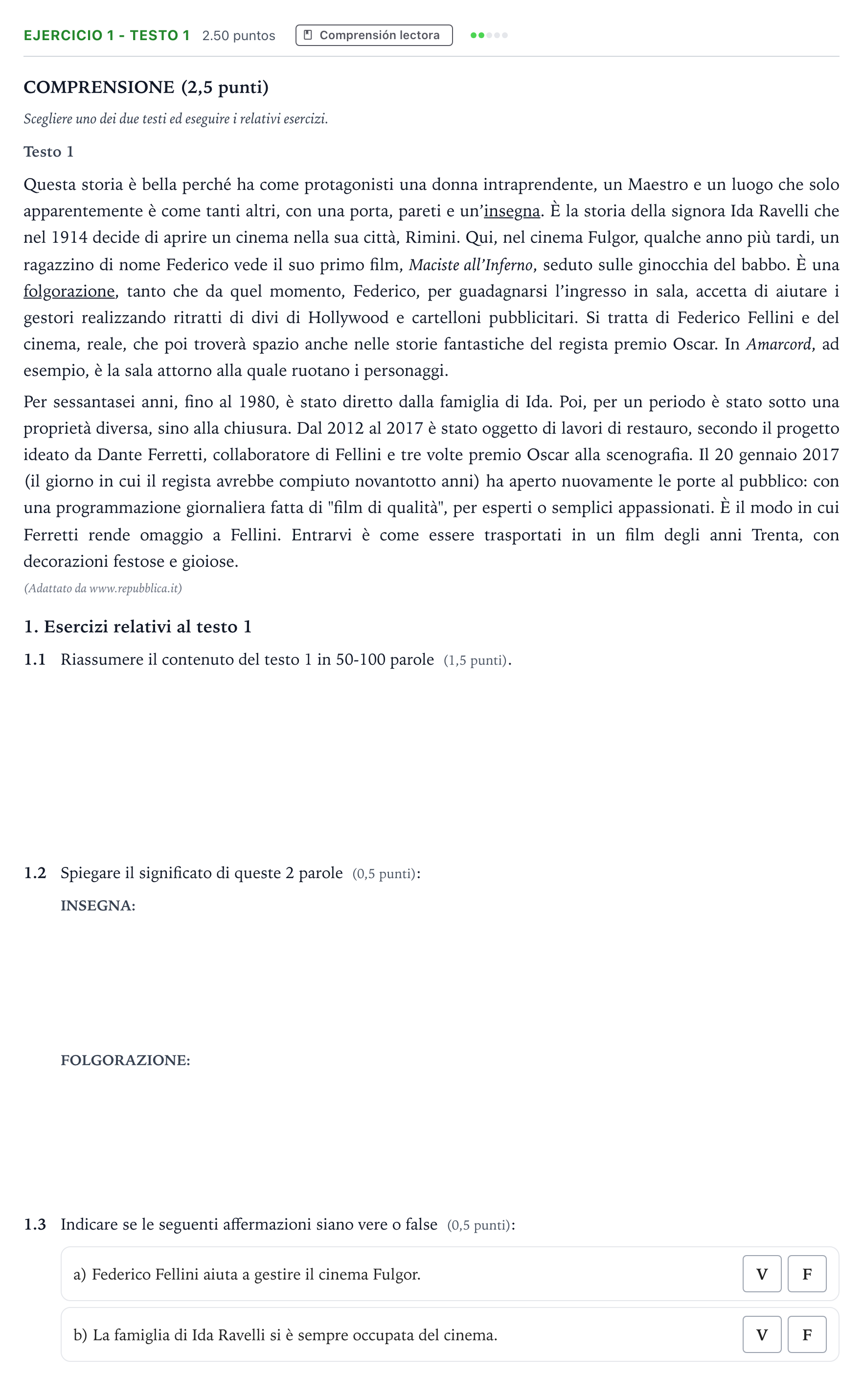 Enunciado: Ejercicio 1 - Testo 1 · Italiano PAU Andalucía Extraordinaria Titular (Acceso) 2022