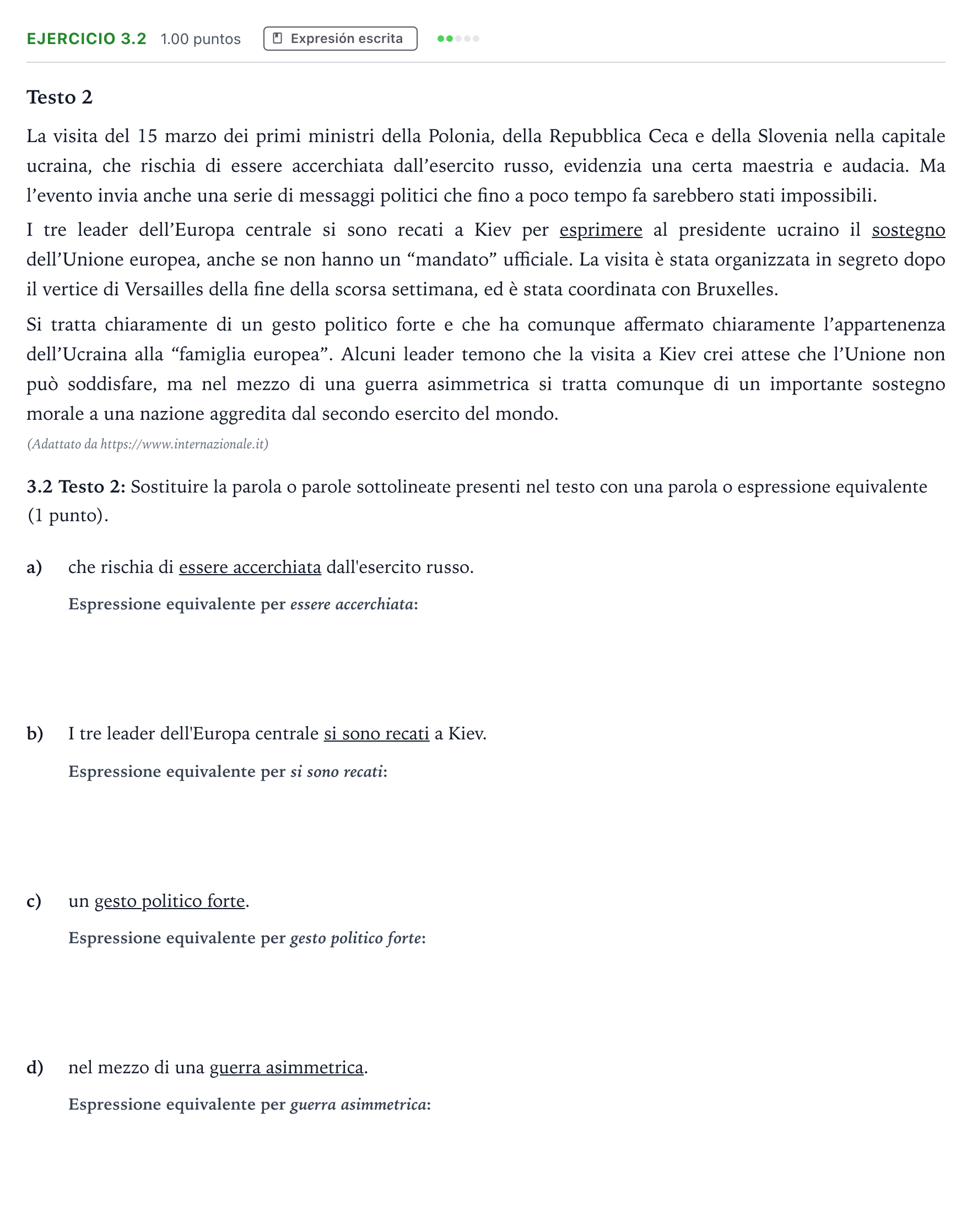 Enunciado: Ejercicio 3.2 · Italiano PAU Andalucía Ordinaria Reserva 2022