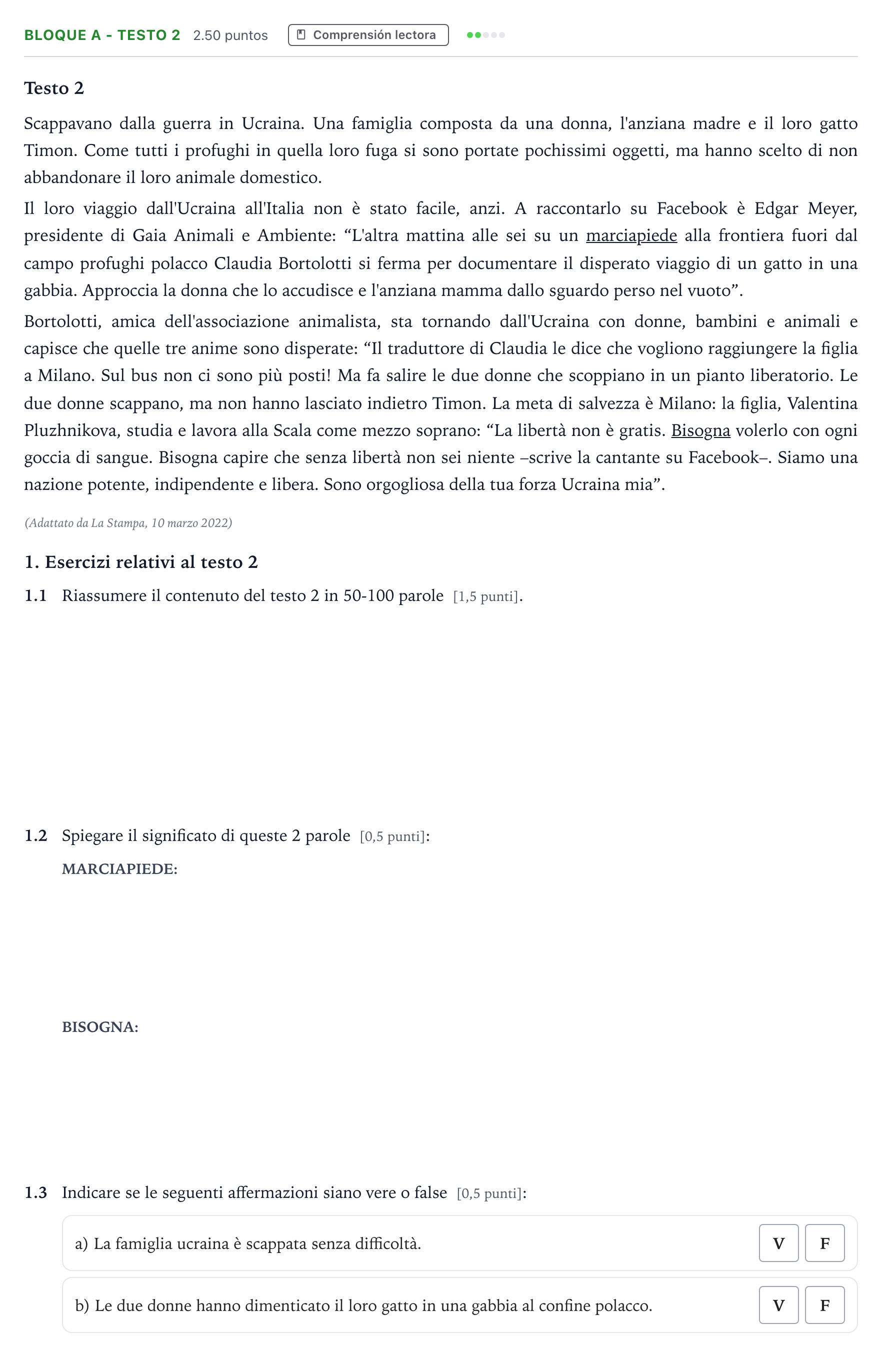 Enunciado: Bloque A - Testo 2 · Italiano PAU Andalucía Ordinaria Suplente 2022