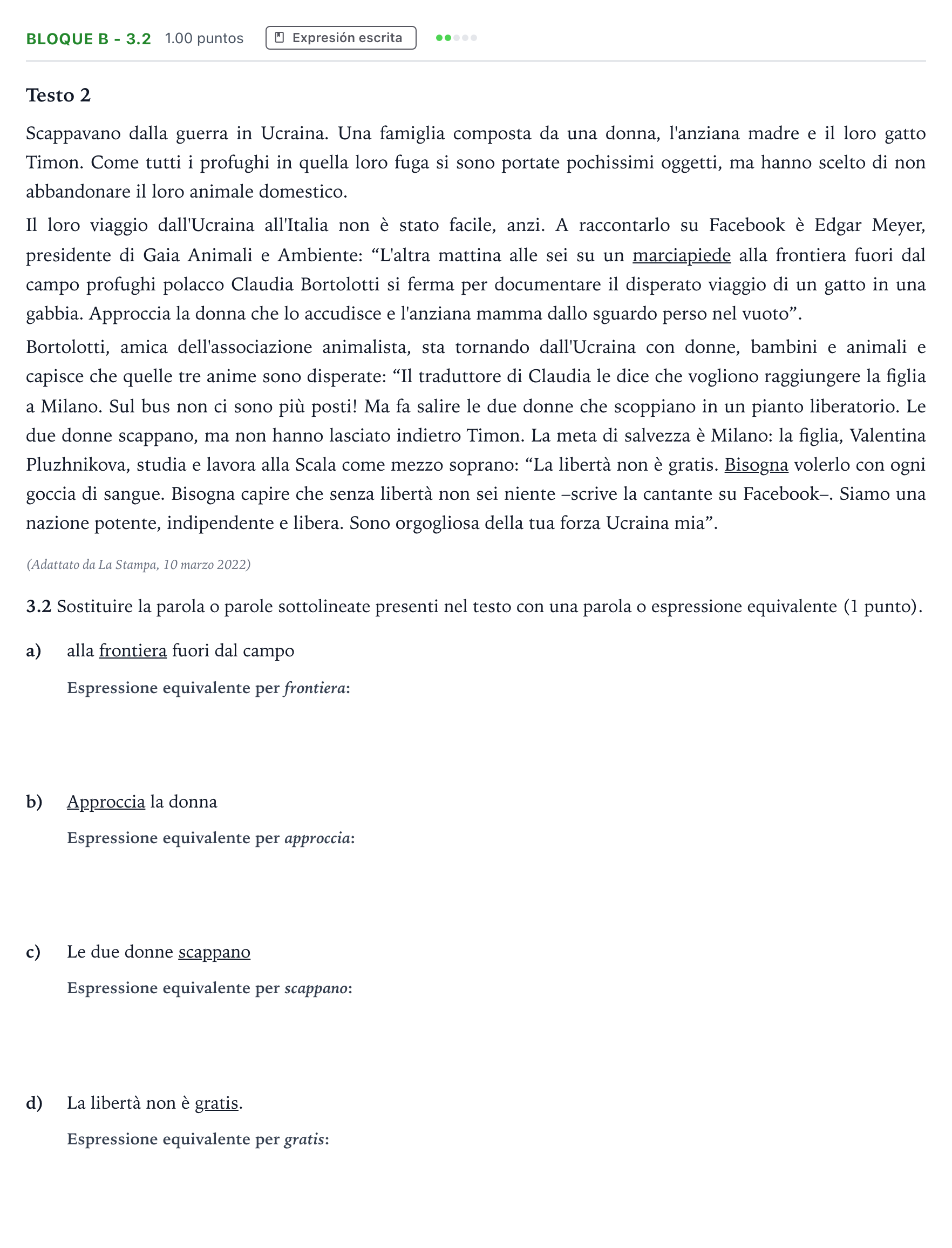 Enunciado: Bloque B - 3.2 · Italiano PAU Andalucía Ordinaria Suplente 2022