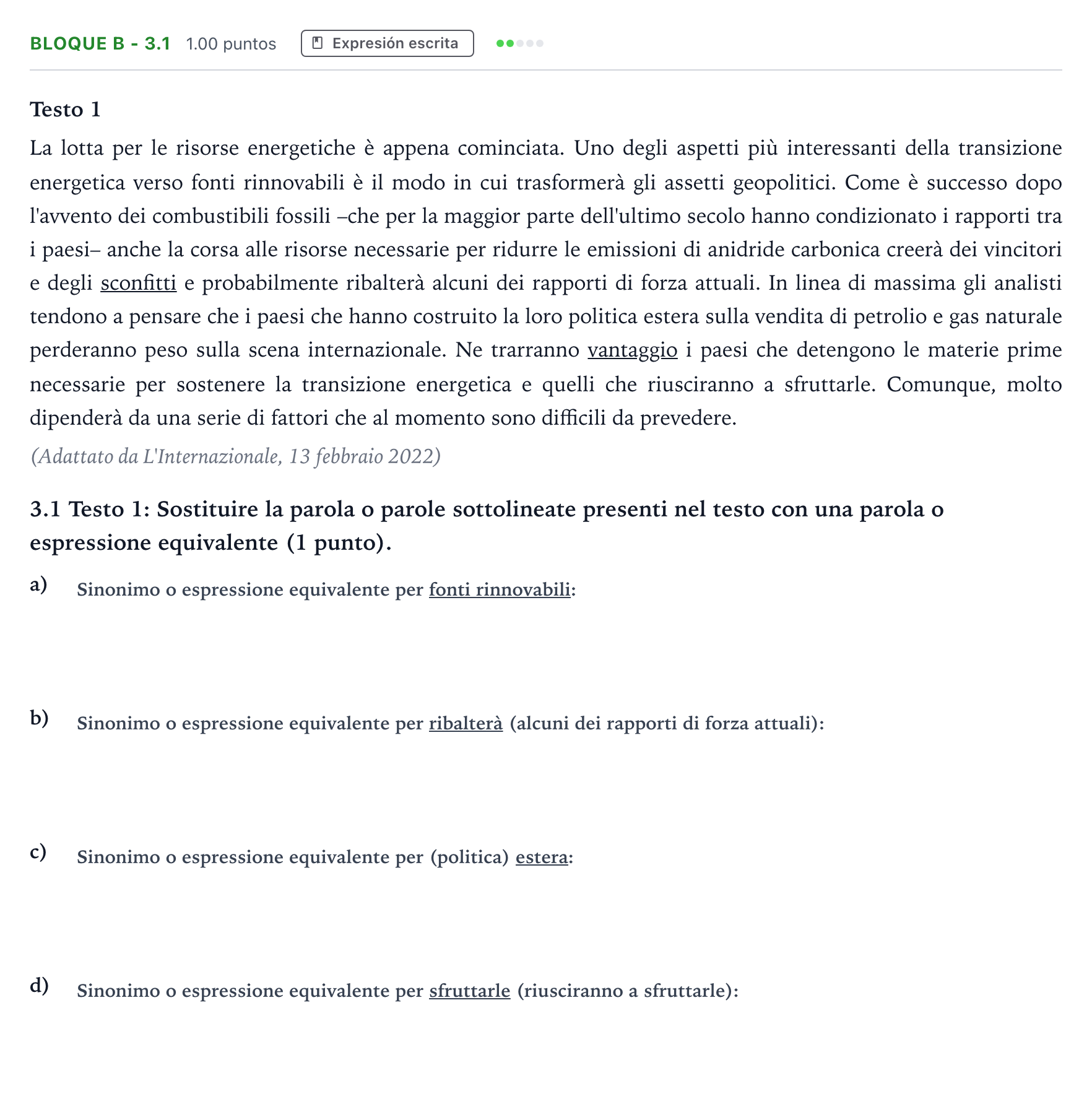 Enunciado: Bloque B - 3.1 · Italiano PAU Andalucía Ordinaria Titular (Admisión) 2022