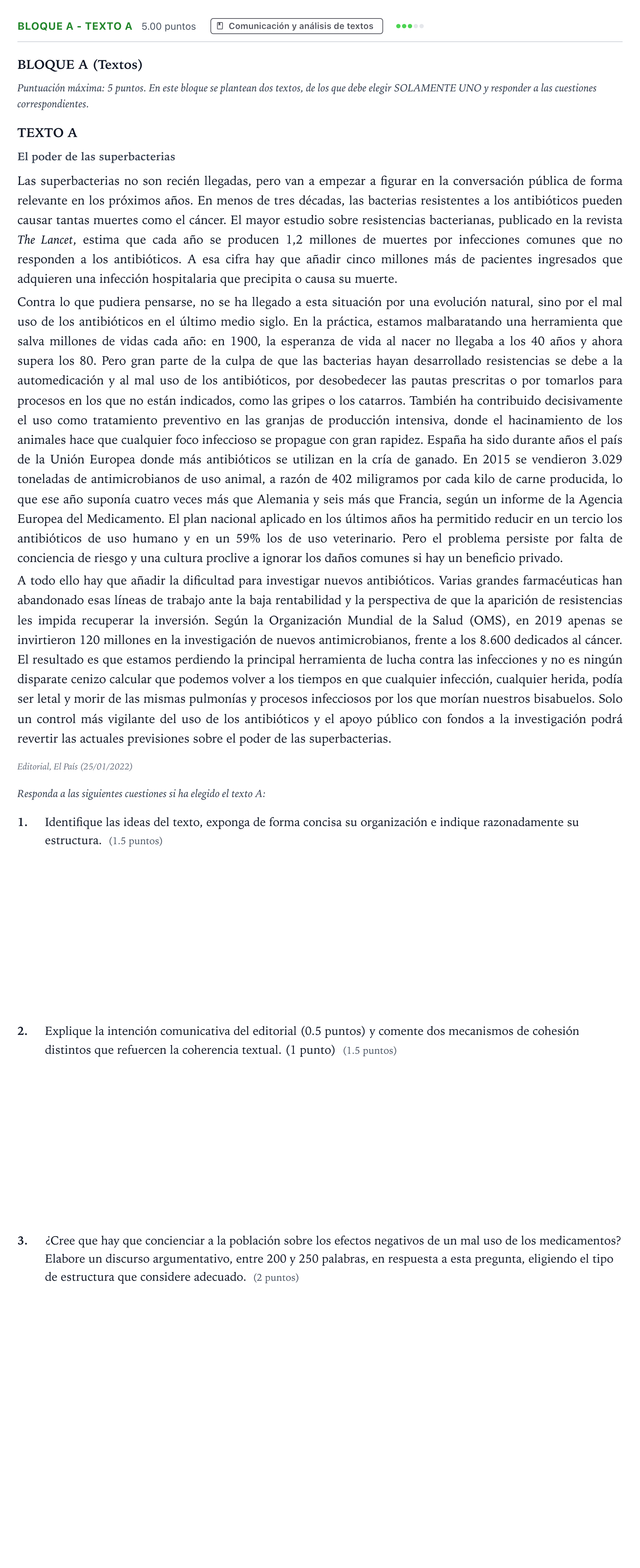 Enunciado: Bloque A - Texto A · Lengua Castellana y Literatura II PAU Andalucía Extraordinaria Reserva 2022