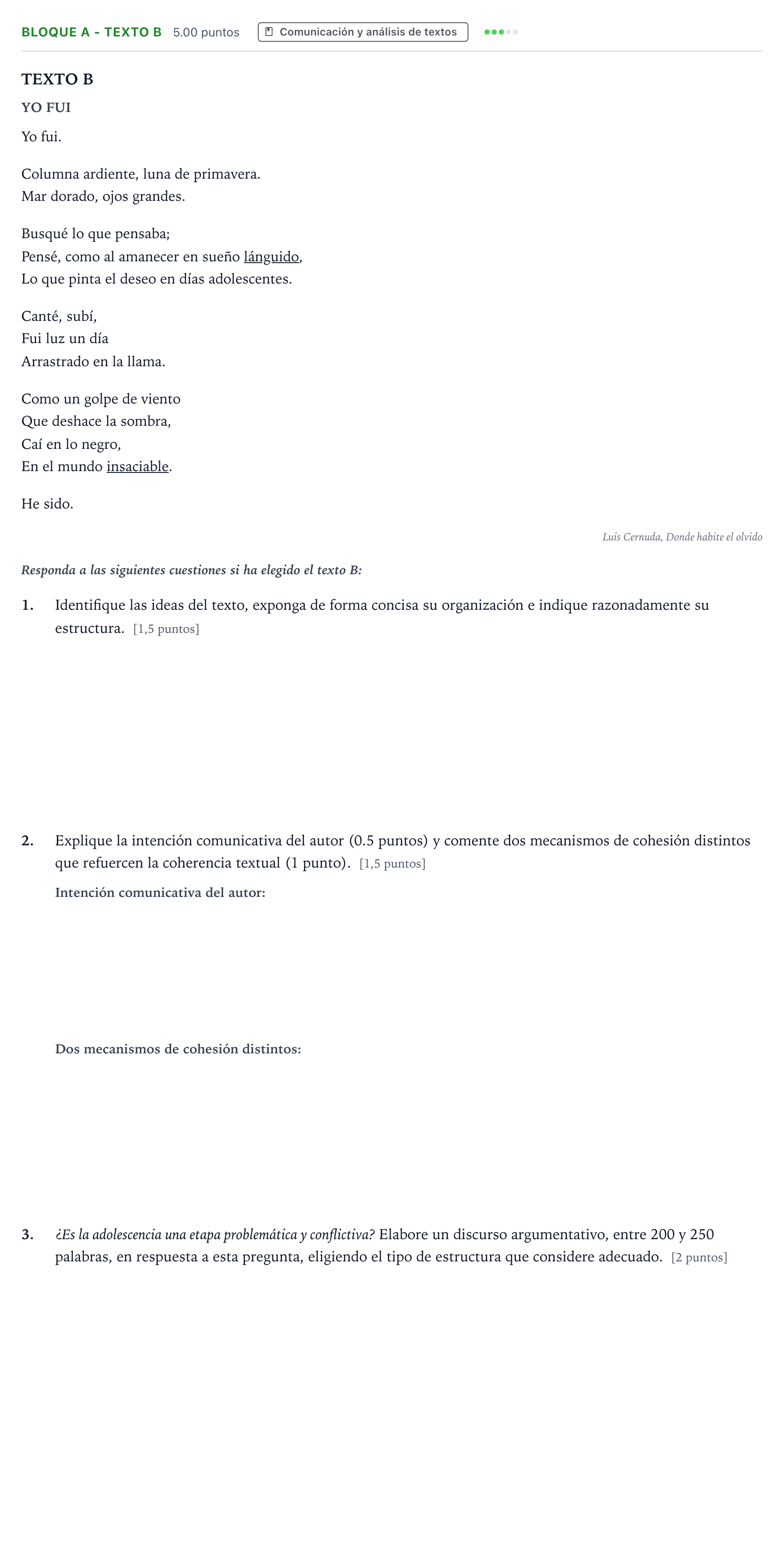 Enunciado: Bloque A - Texto B · Lengua Castellana y Literatura II PAU Andalucía Extraordinaria Reserva 2022
