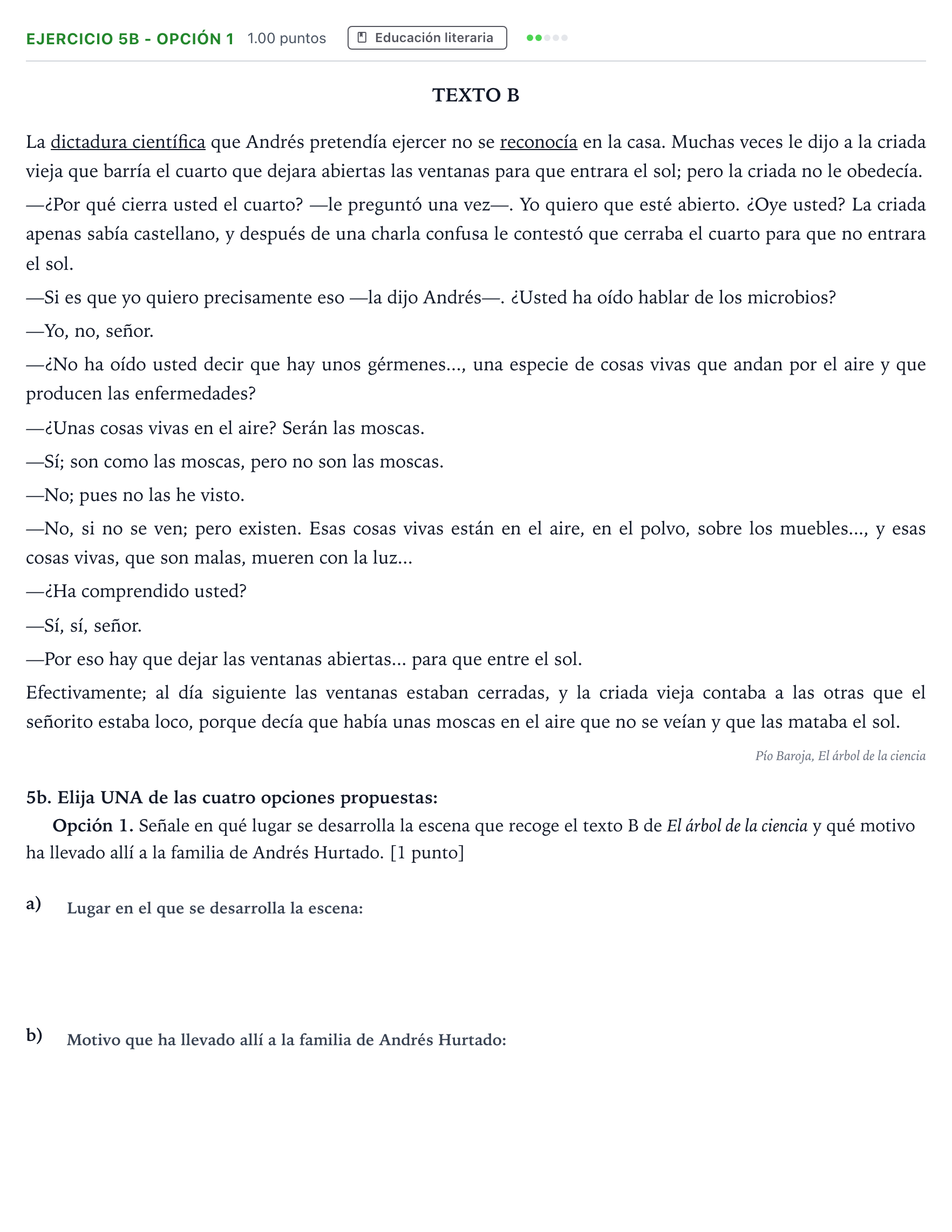 Enunciado: Ejercicio 5b - Opción 1 · Lengua Castellana y Literatura II PAU Andalucía Extraordinaria Suplente 2022