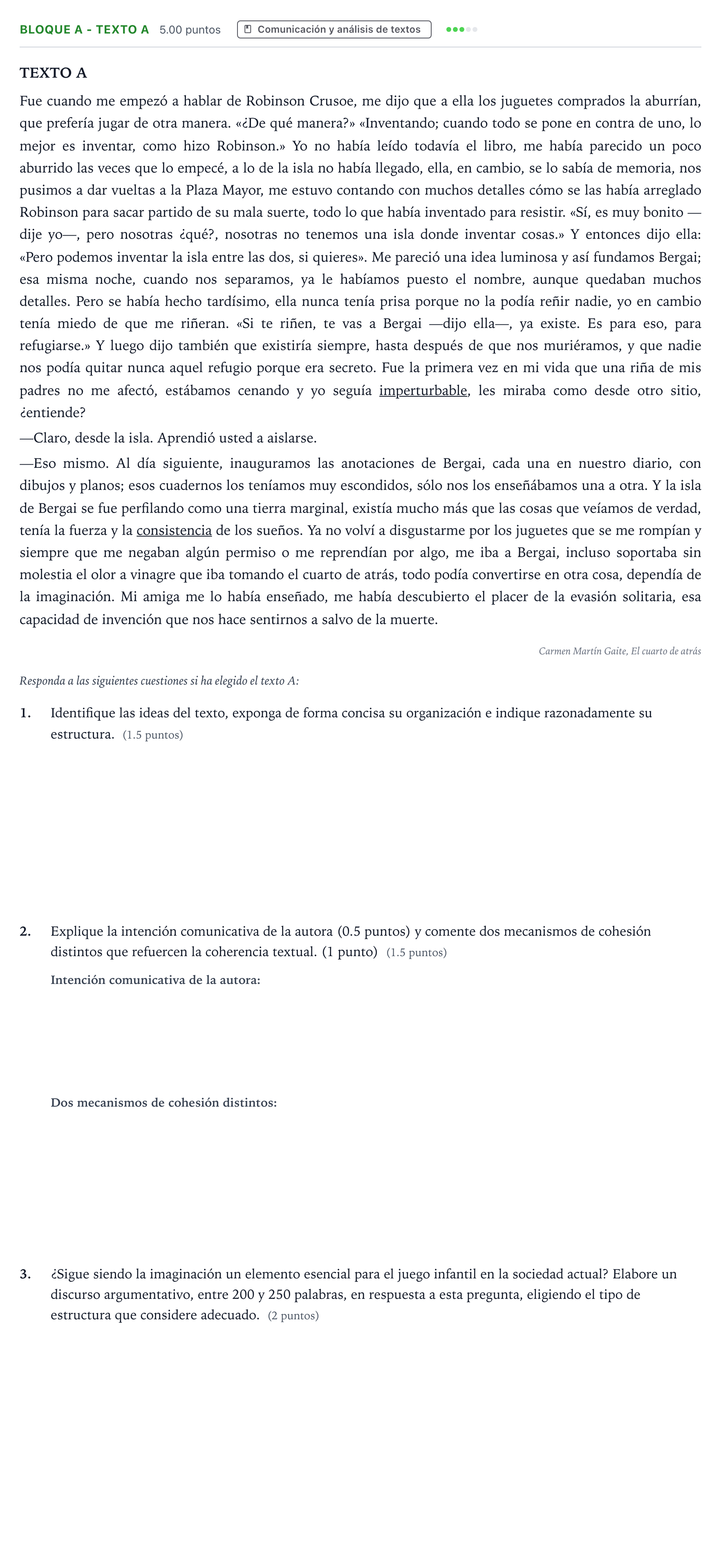 Enunciado: Bloque A - Texto A · Lengua Castellana y Literatura II PAU Andalucía Extraordinaria Titular 2022
