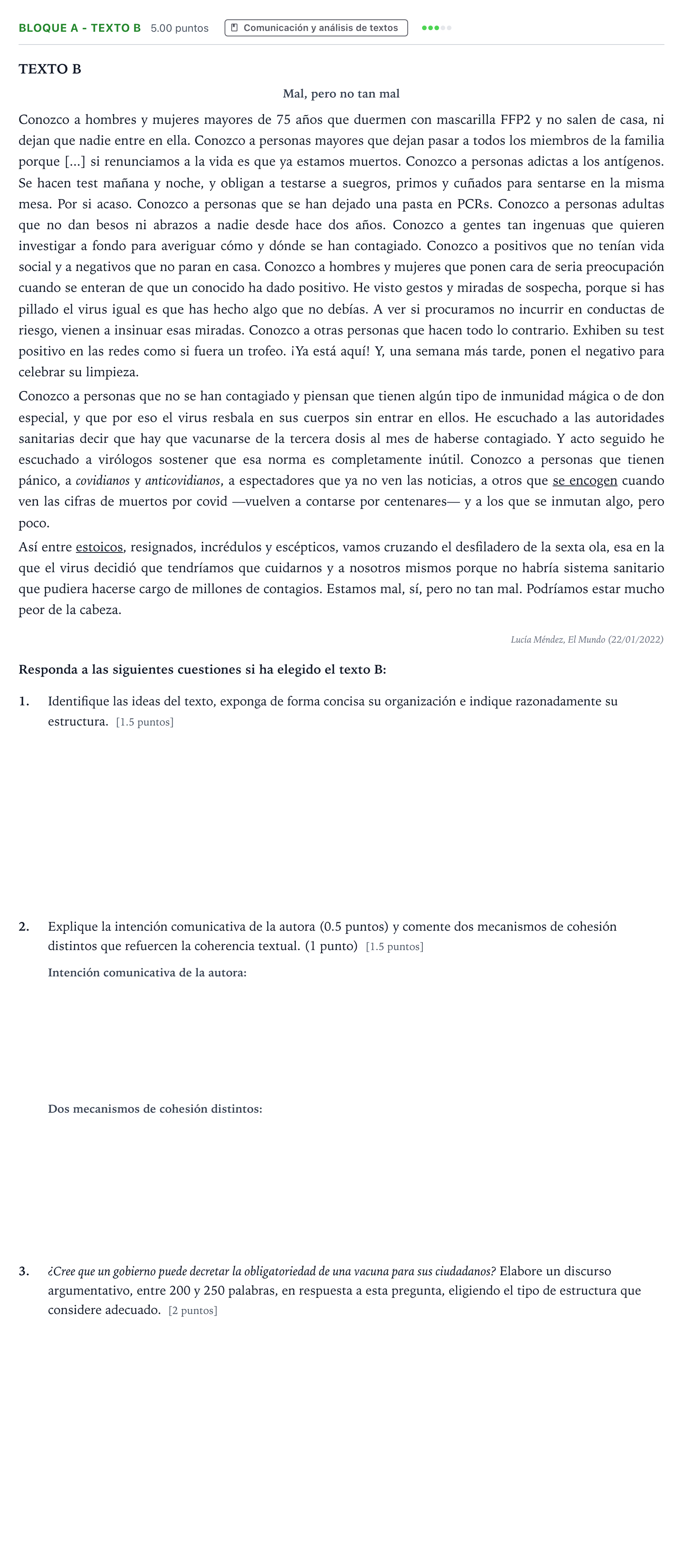 Enunciado: Bloque A - Texto B · Lengua Castellana y Literatura II PAU Andalucía Extraordinaria Titular 2022