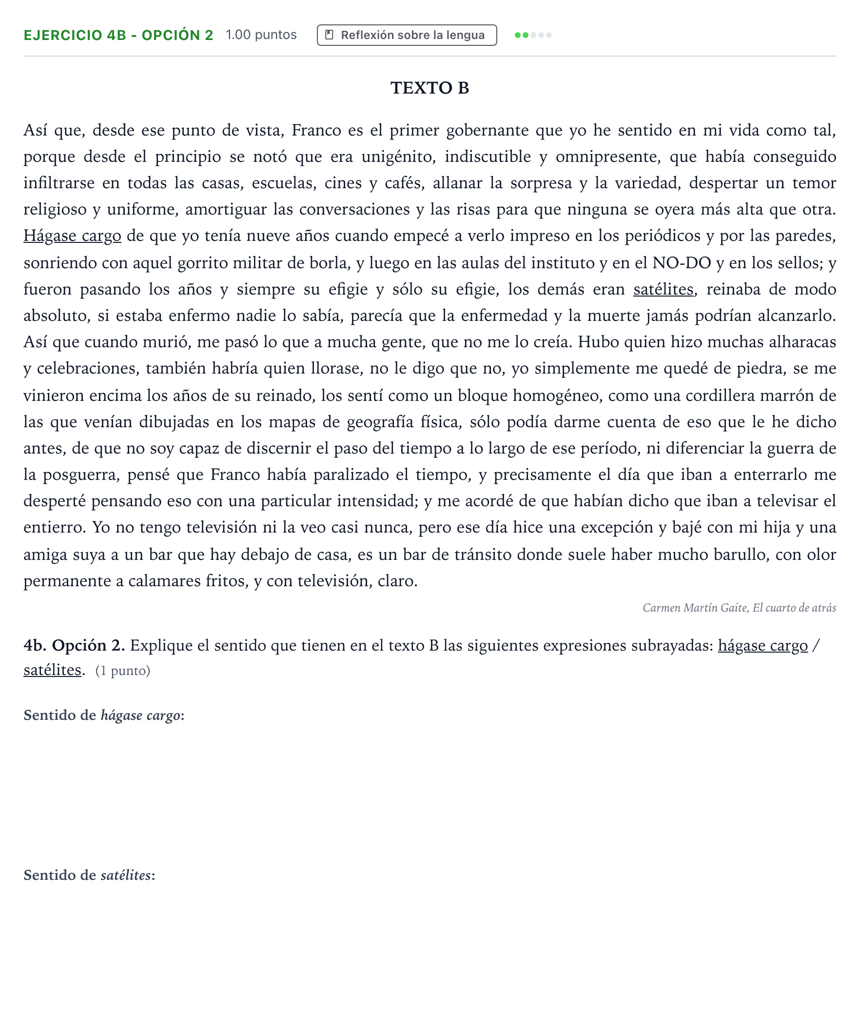 Enunciado: Ejercicio 4b - Opción 2 · Lengua Castellana y Literatura II PAU Andalucía Ordinaria Suplente 2022