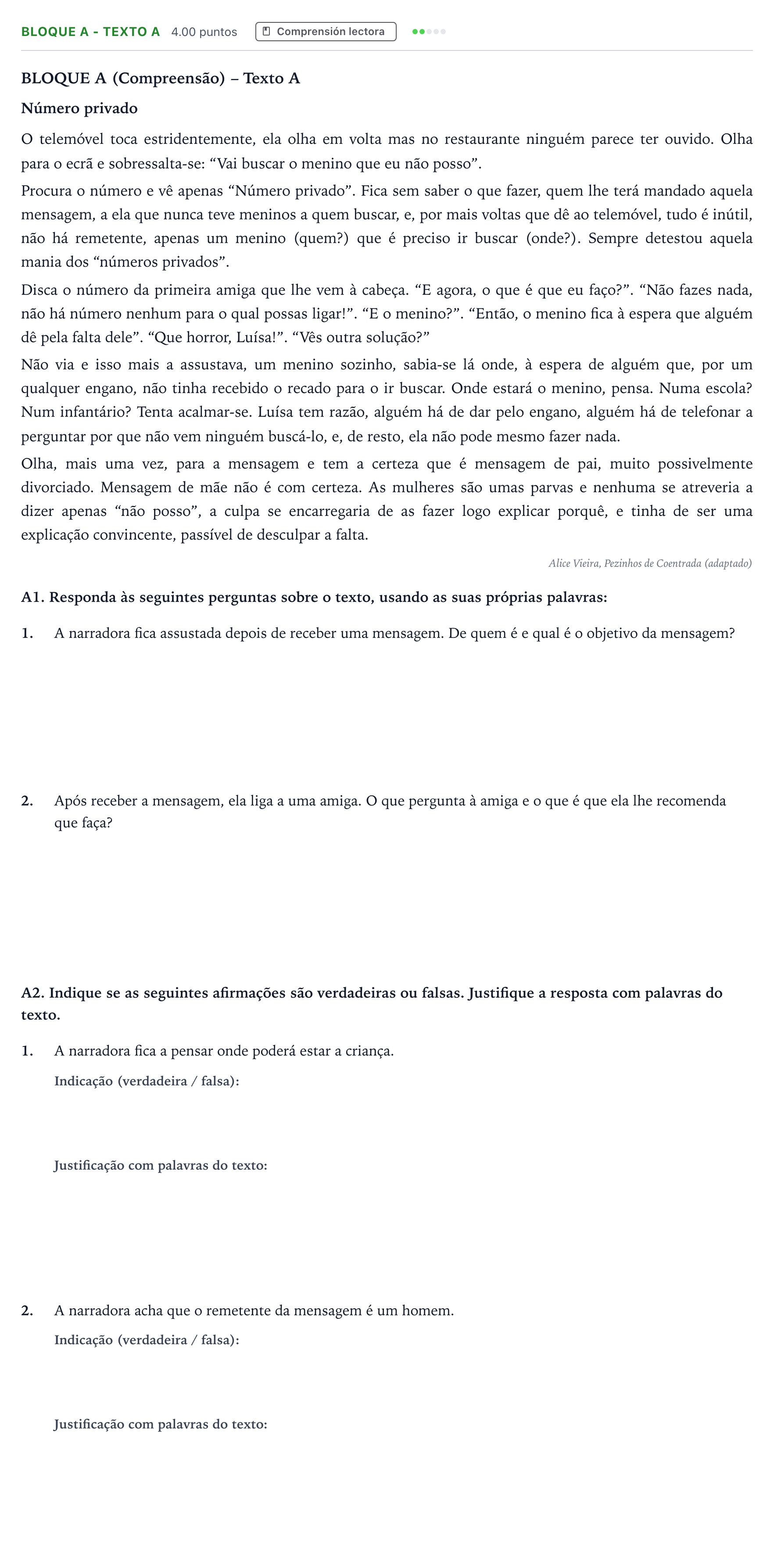 Enunciado: Bloque A - Texto A · Portugués PAU Andalucía Extraordinaria Titular (Admisión) 2022
