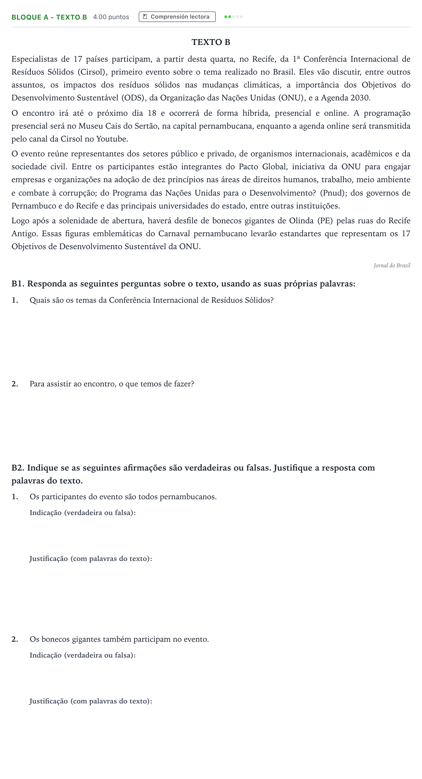 Enunciado: Bloque A - Texto B · Portugués PAU Andalucía Extraordinaria Titular (Acceso) 2022