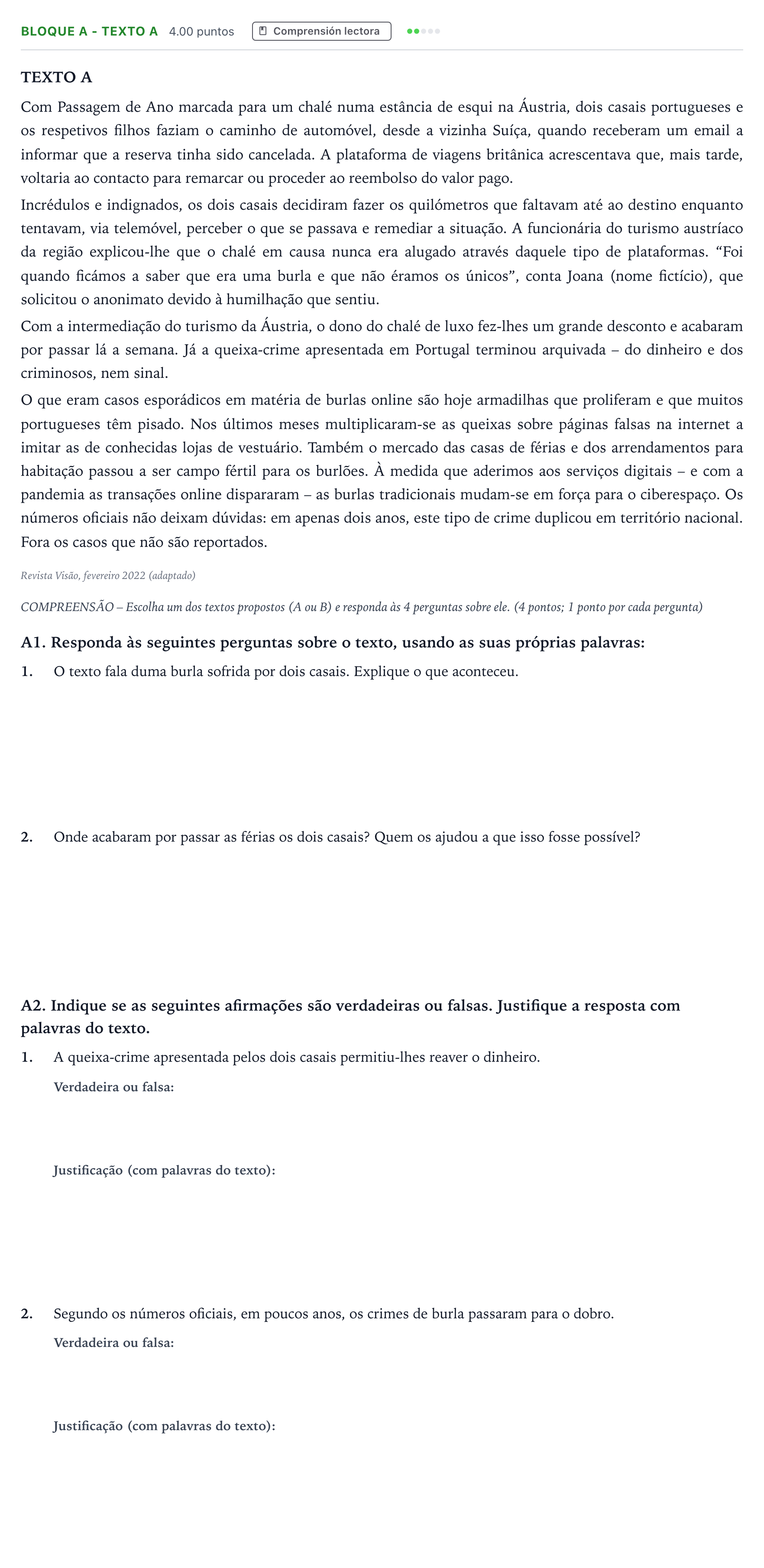 Enunciado: Bloque A - Texto A · Portugués PAU Andalucía Ordinaria Reserva 2022