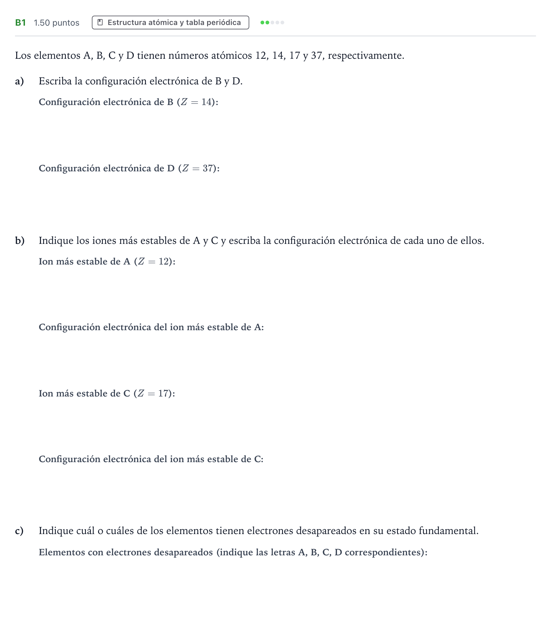 Enunciado: Ejercicio B1 · Química PAU Andalucía Extraordinaria Reserva 2022