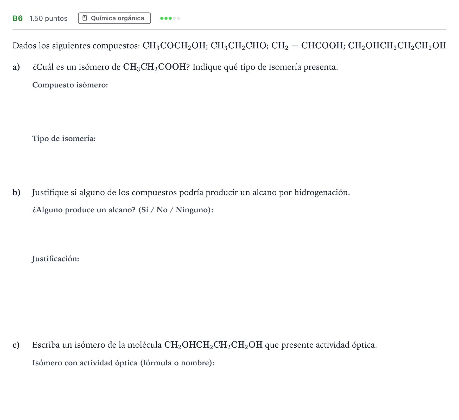Enunciado: Ejercicio B6 · Química PAU Andalucía Extraordinaria Reserva 2022