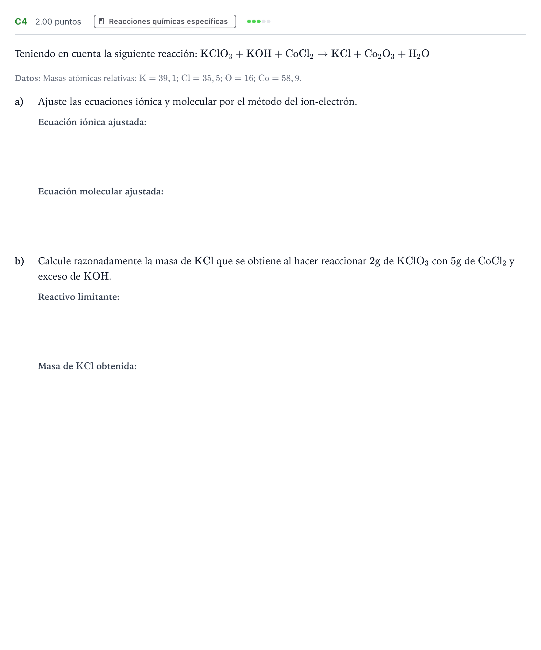 Enunciado: Ejercicio C4 · Química PAU Andalucía Extraordinaria Reserva 2022