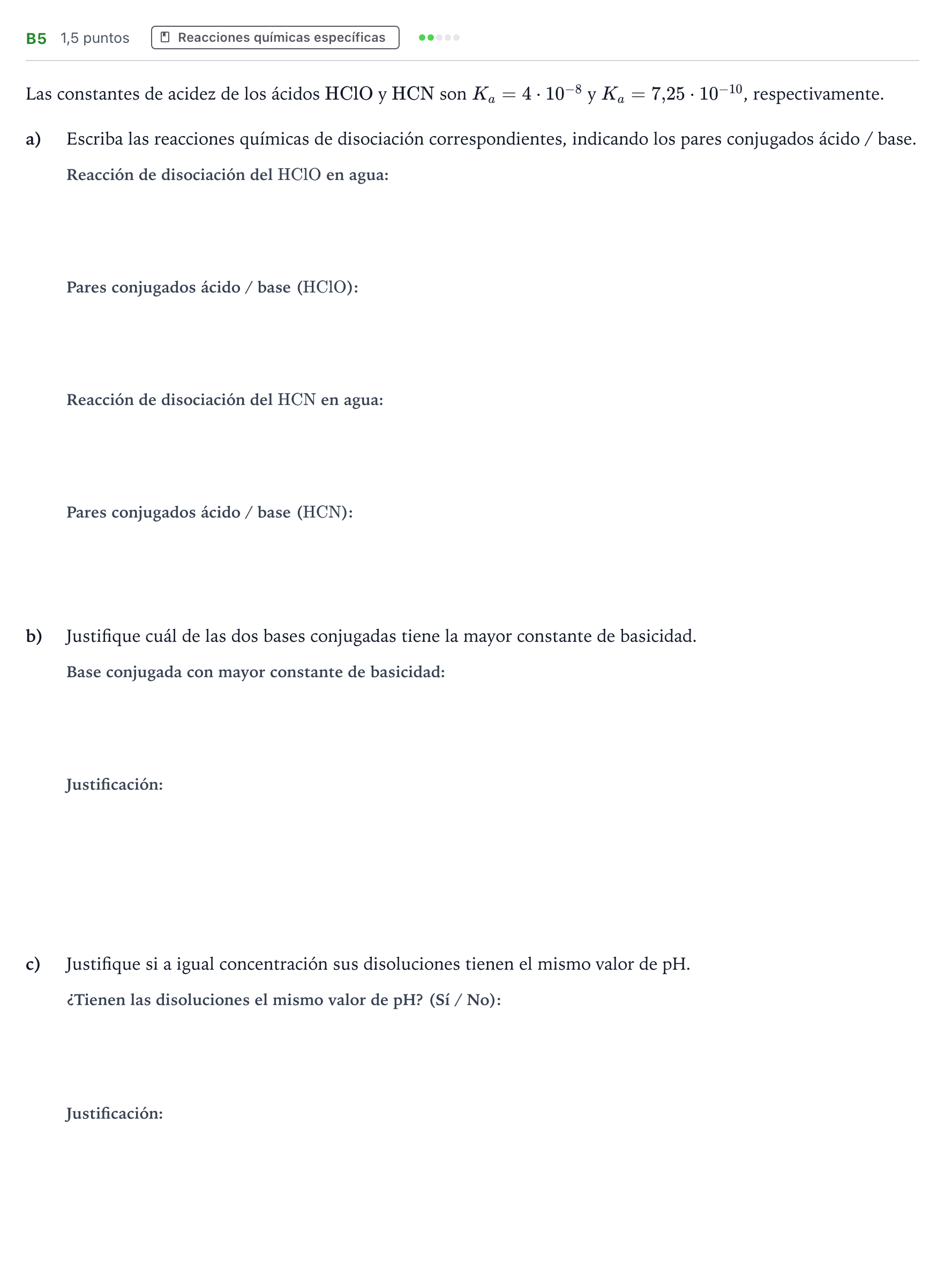Enunciado: Ejercicio B5 · Química PAU Andalucía Extraordinaria Suplente 2022