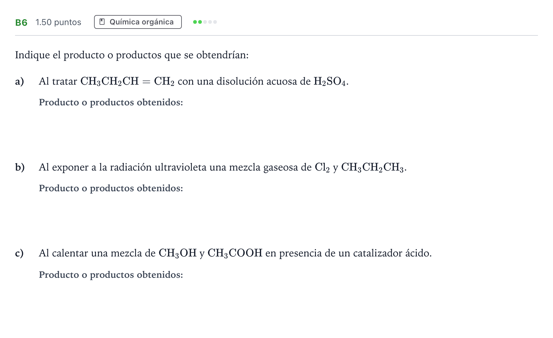 Enunciado: Ejercicio B6 · Química PAU Andalucía Extraordinaria Suplente 2022