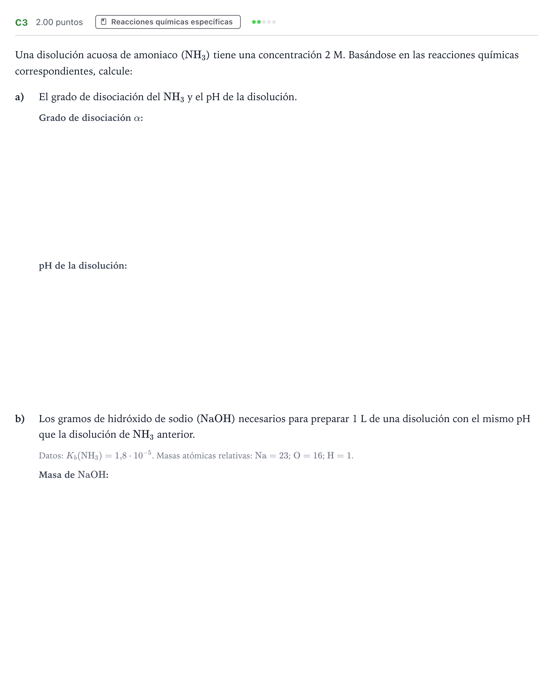 Enunciado: Ejercicio C3 · Química PAU Andalucía Extraordinaria Suplente 2022