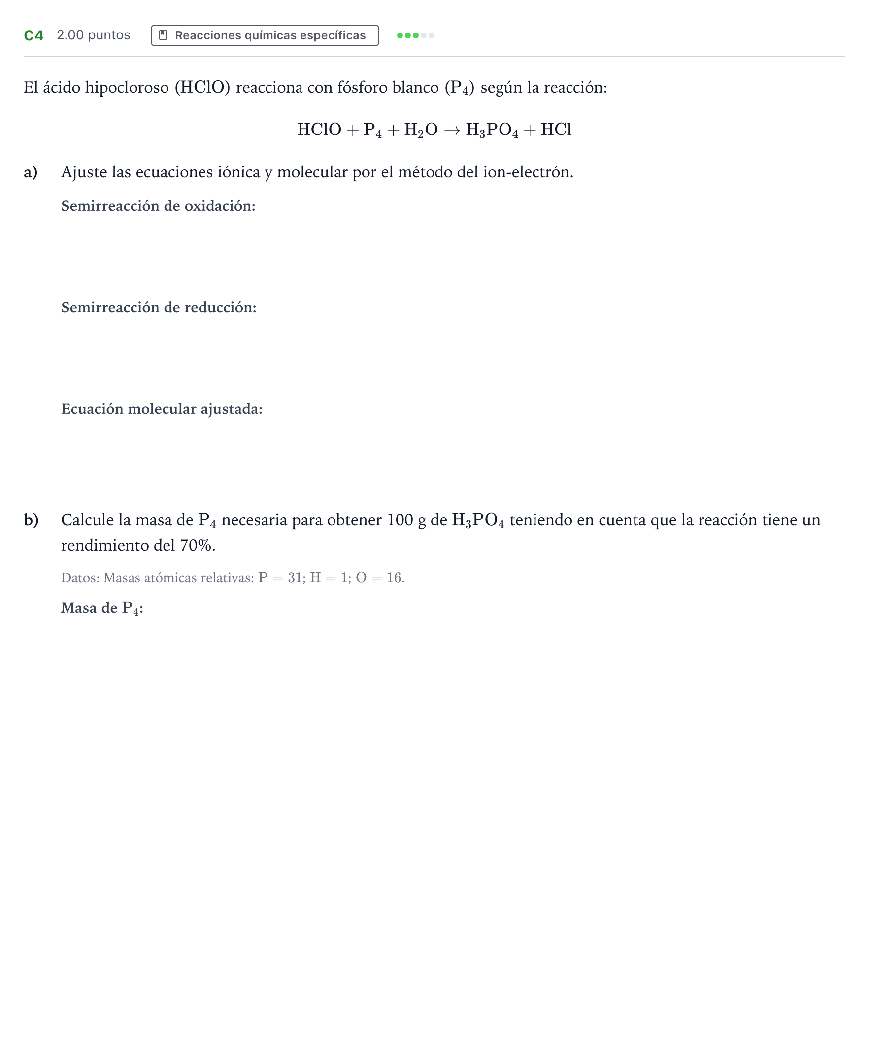 Enunciado: Ejercicio C4 · Química PAU Andalucía Extraordinaria Suplente 2022