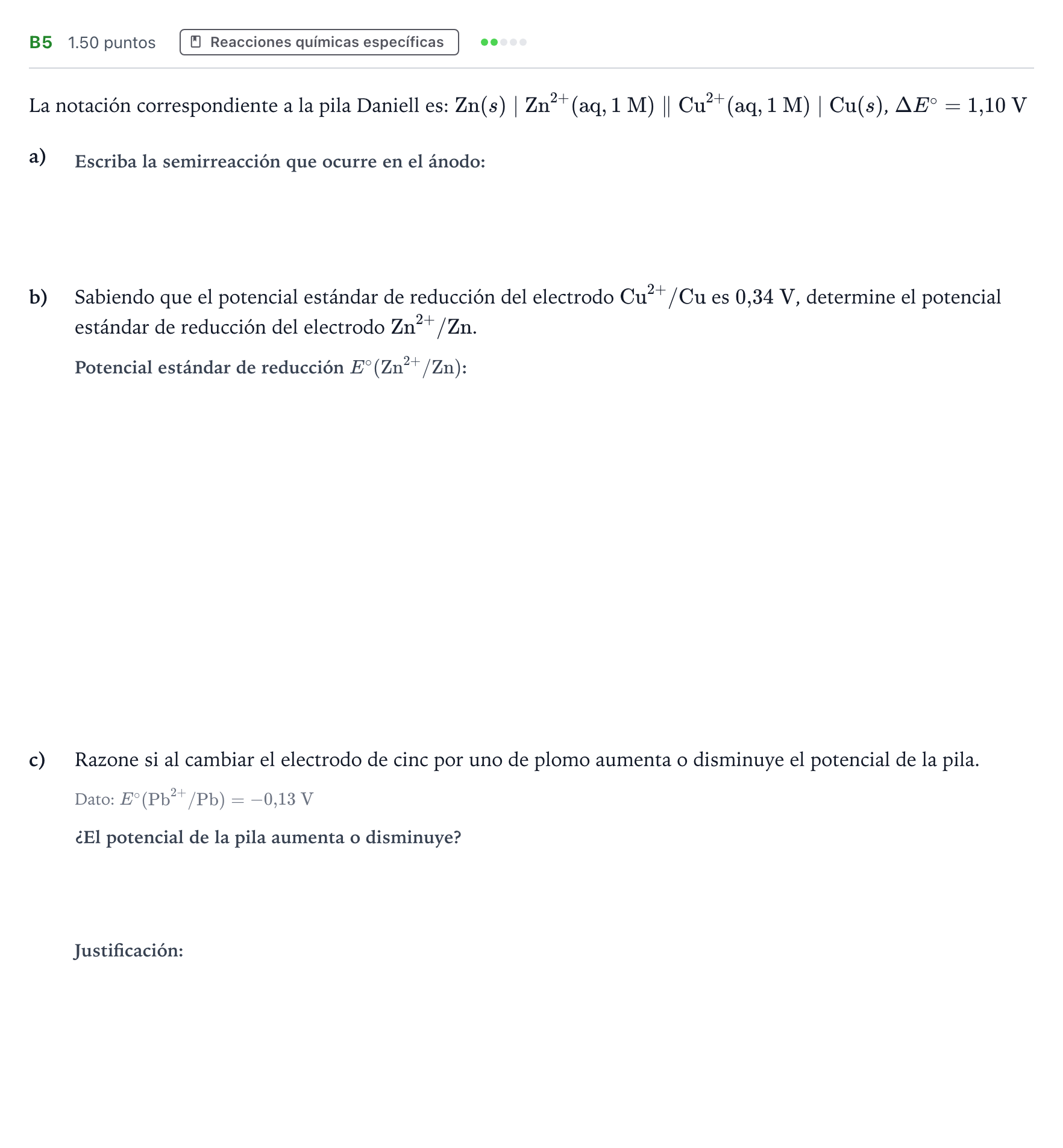 Enunciado: Ejercicio B5 · Química PAU Andalucía Extraordinaria Titular 2022