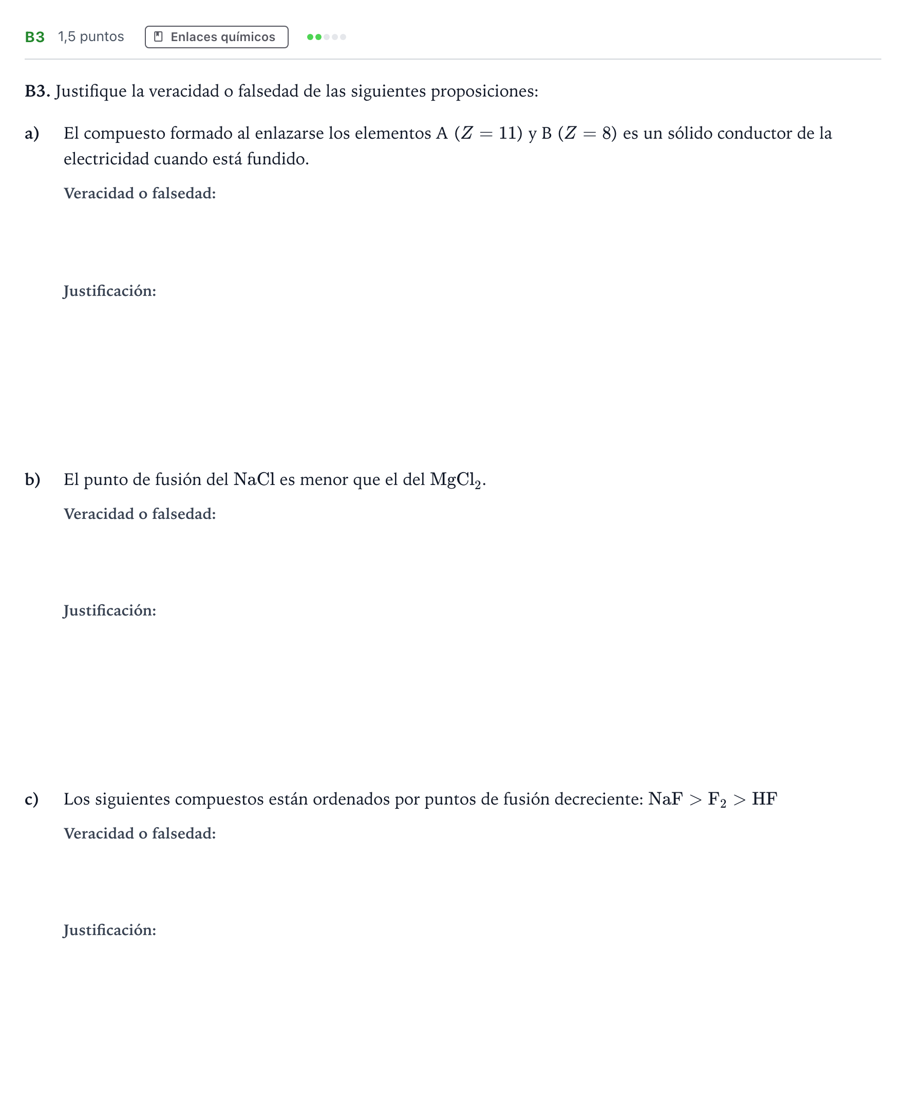 Enunciado: Ejercicio B3 · Química PAU Andalucía Ordinaria Reserva 2022
