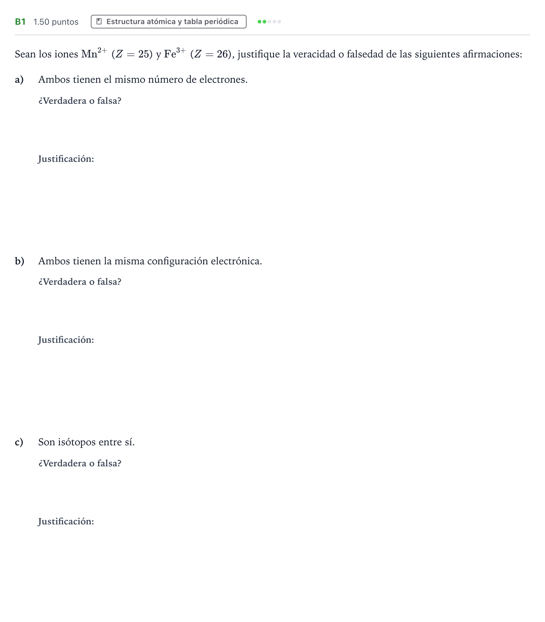 Enunciado: Ejercicio B1 · Química PAU Andalucía Ordinaria Suplente 2022