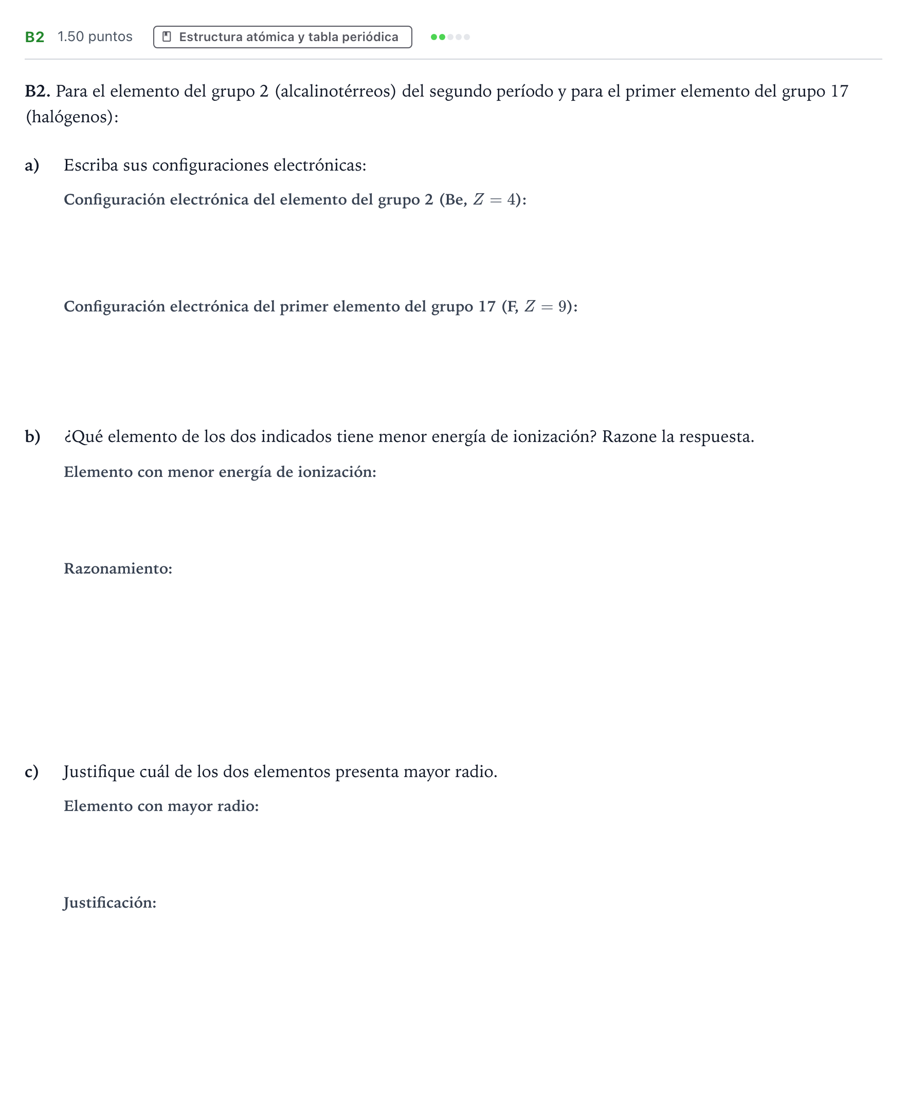 Enunciado: Ejercicio B2 · Química PAU Andalucía Ordinaria Suplente 2022