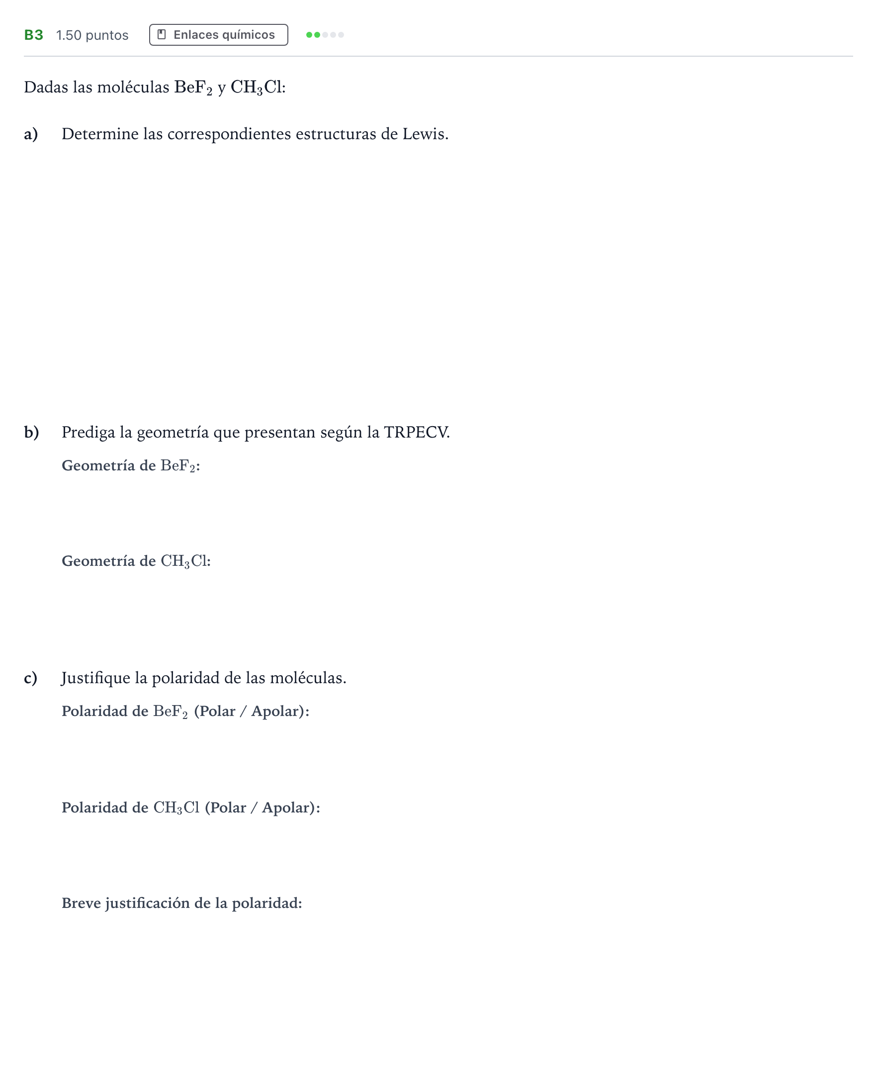 Enunciado: Ejercicio B3 · Química PAU Andalucía Ordinaria Suplente 2022