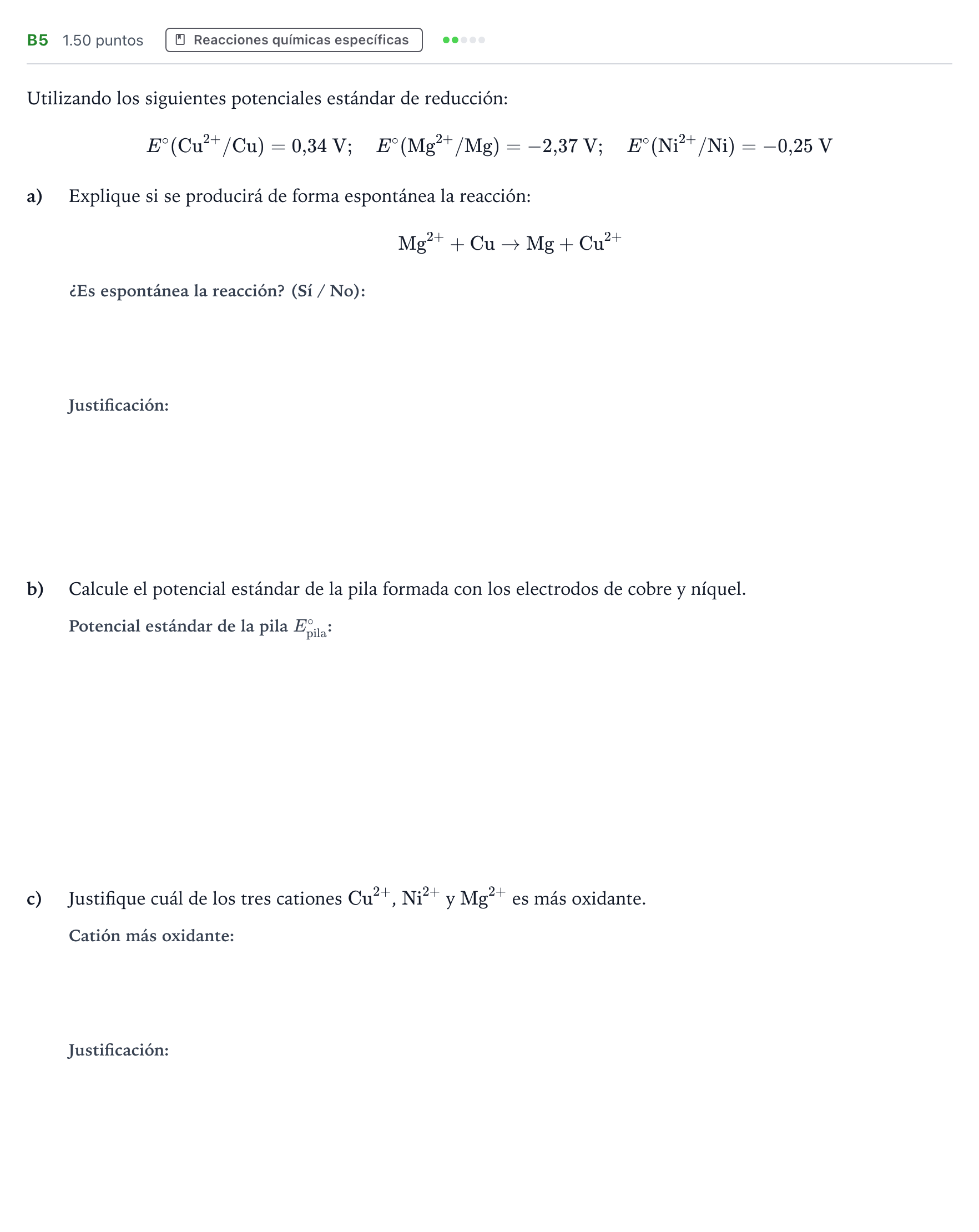 Enunciado: Ejercicio B5 · Química PAU Andalucía Ordinaria Suplente 2022