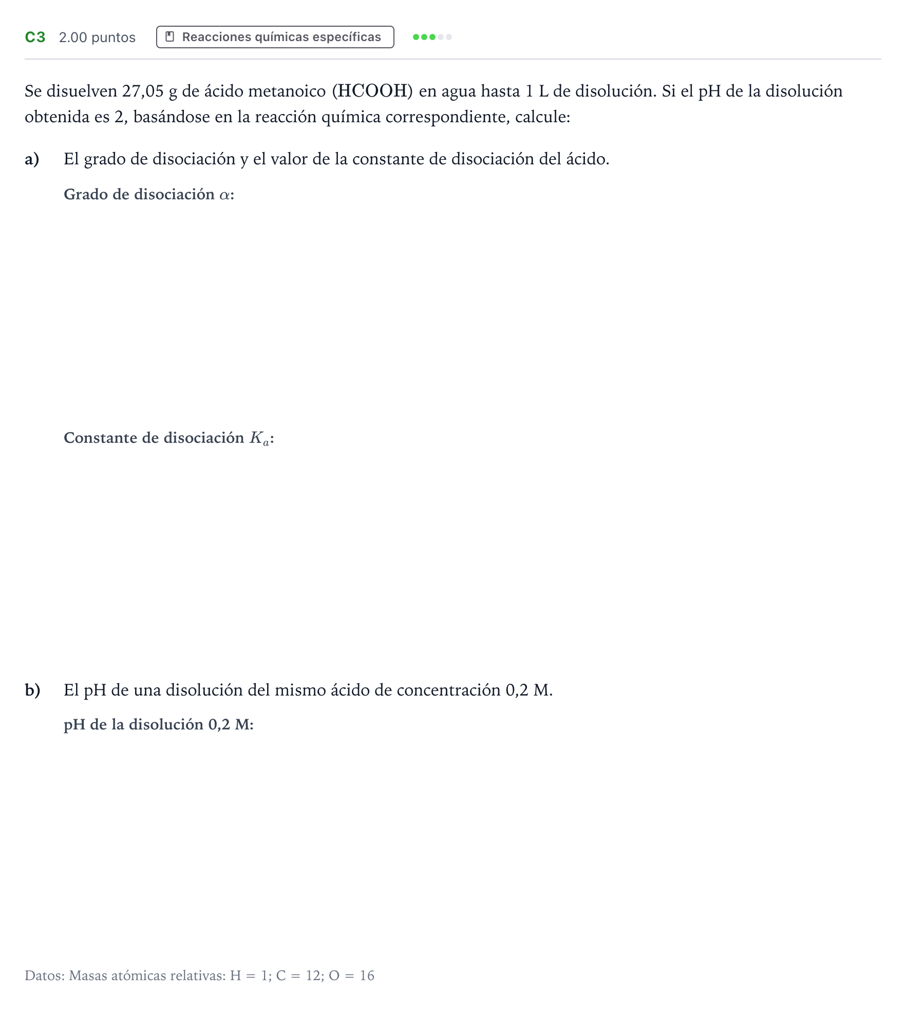 Enunciado: Ejercicio C3 · Química PAU Andalucía Ordinaria Suplente 2022