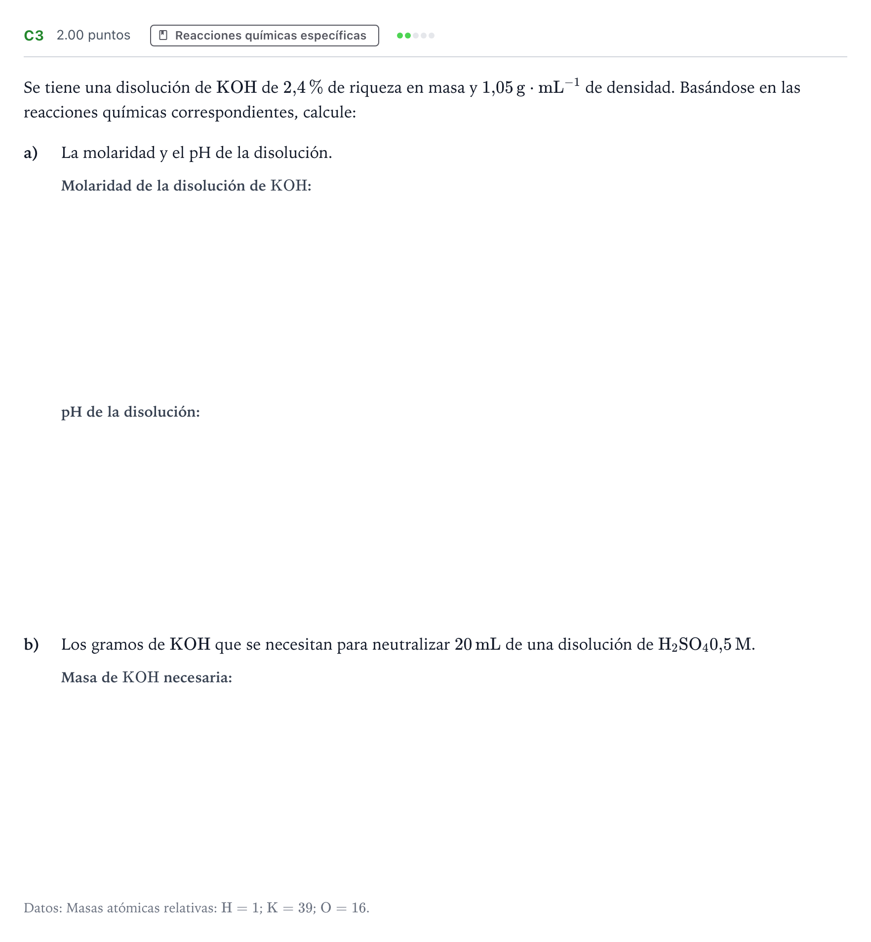 Enunciado: Ejercicio C3 · Química PAU Andalucía Ordinaria Titular 2022
