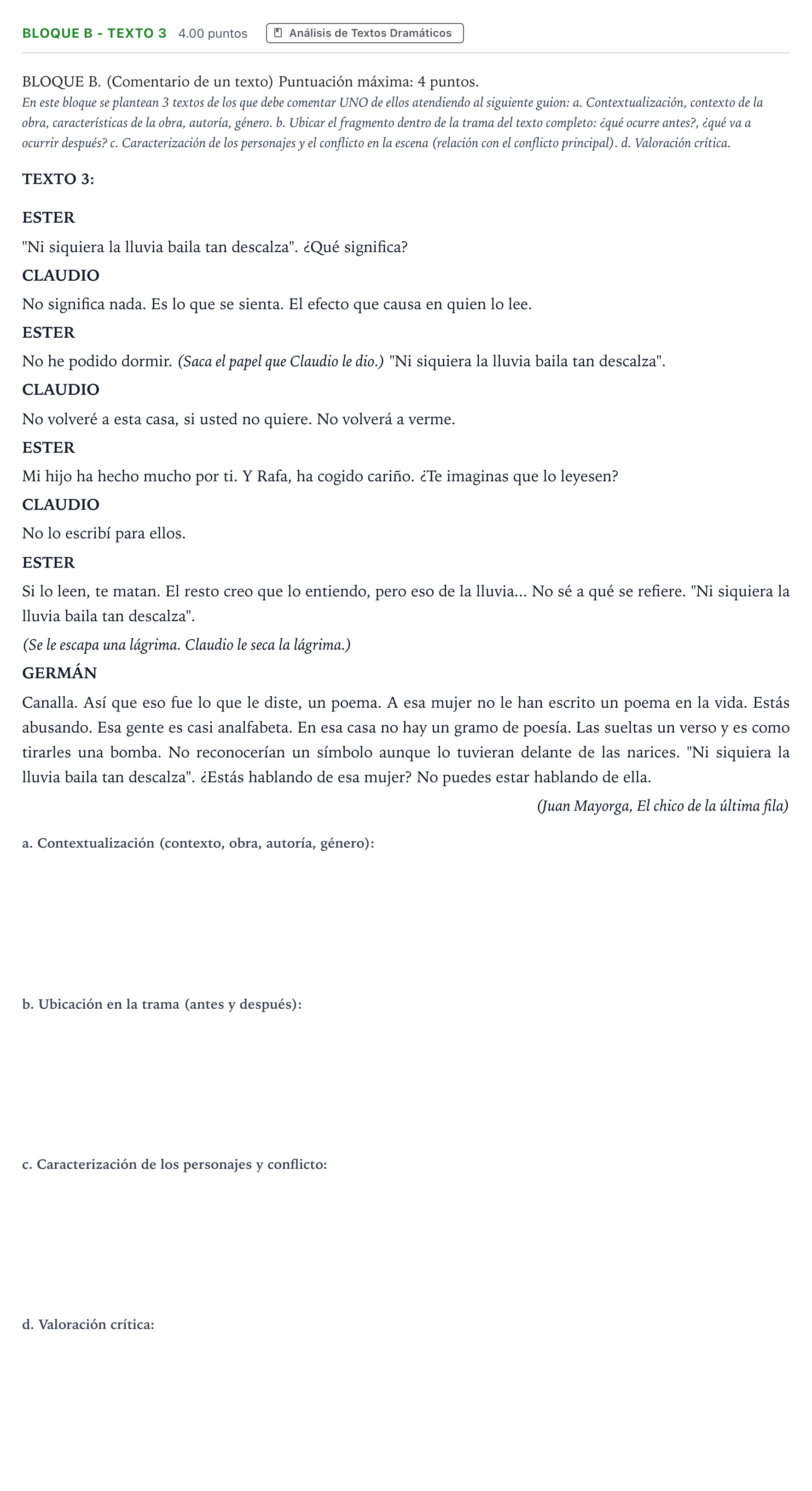 Enunciado: BLOQUE B - Texto 3 · Artes Escénicas PAU Andalucía Extraordinaria Reserva 2023