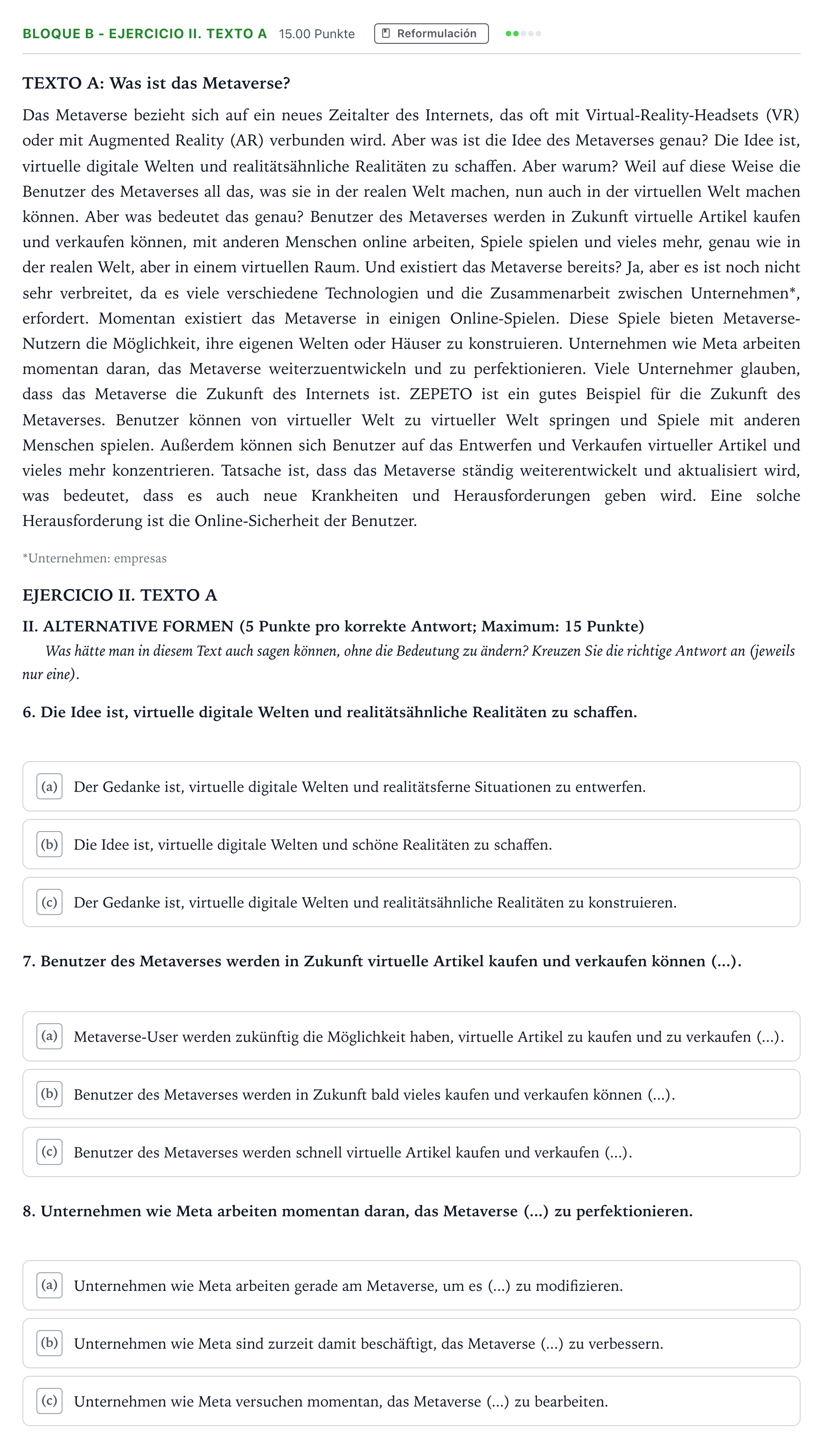 Enunciado: Bloque B - Ejercicio II. Texto A · Alemán PAU Andalucía Extraordinaria Reserva 2023