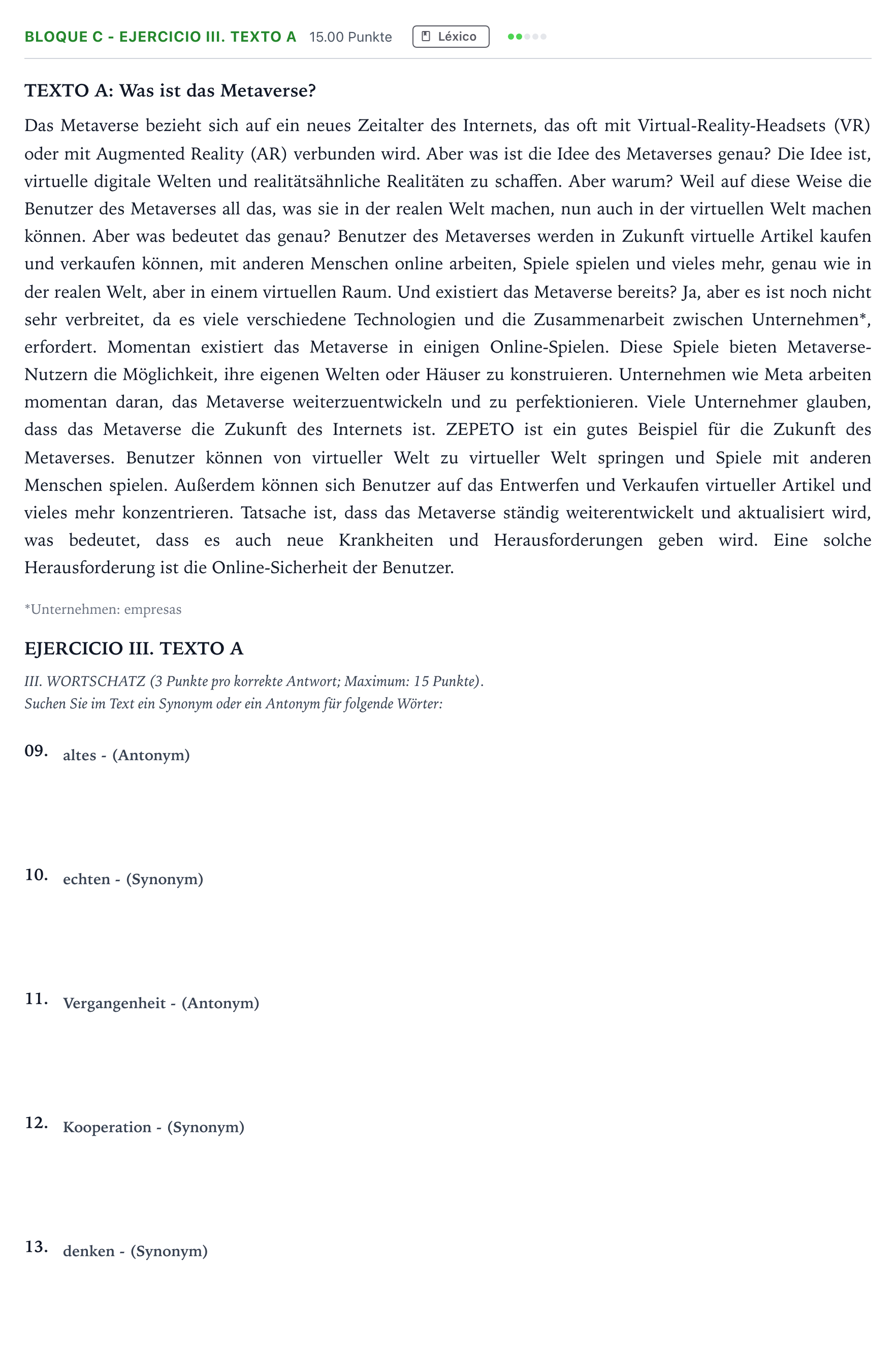 Enunciado: Bloque C - Ejercicio III. Texto A · Alemán PAU Andalucía Extraordinaria Reserva 2023