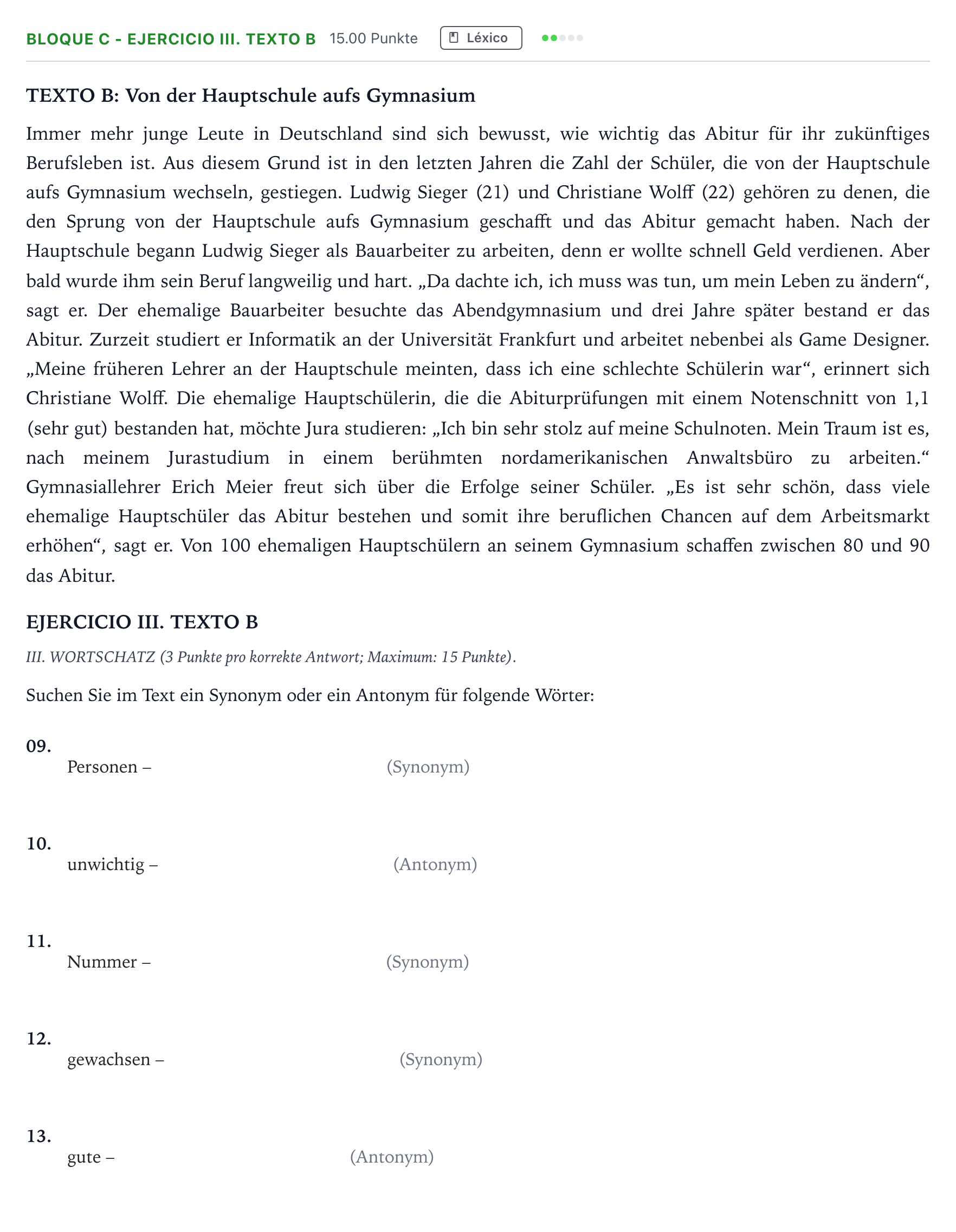 Enunciado: Bloque C - Ejercicio III. Texto B · Alemán PAU Andalucía Extraordinaria Reserva 2023