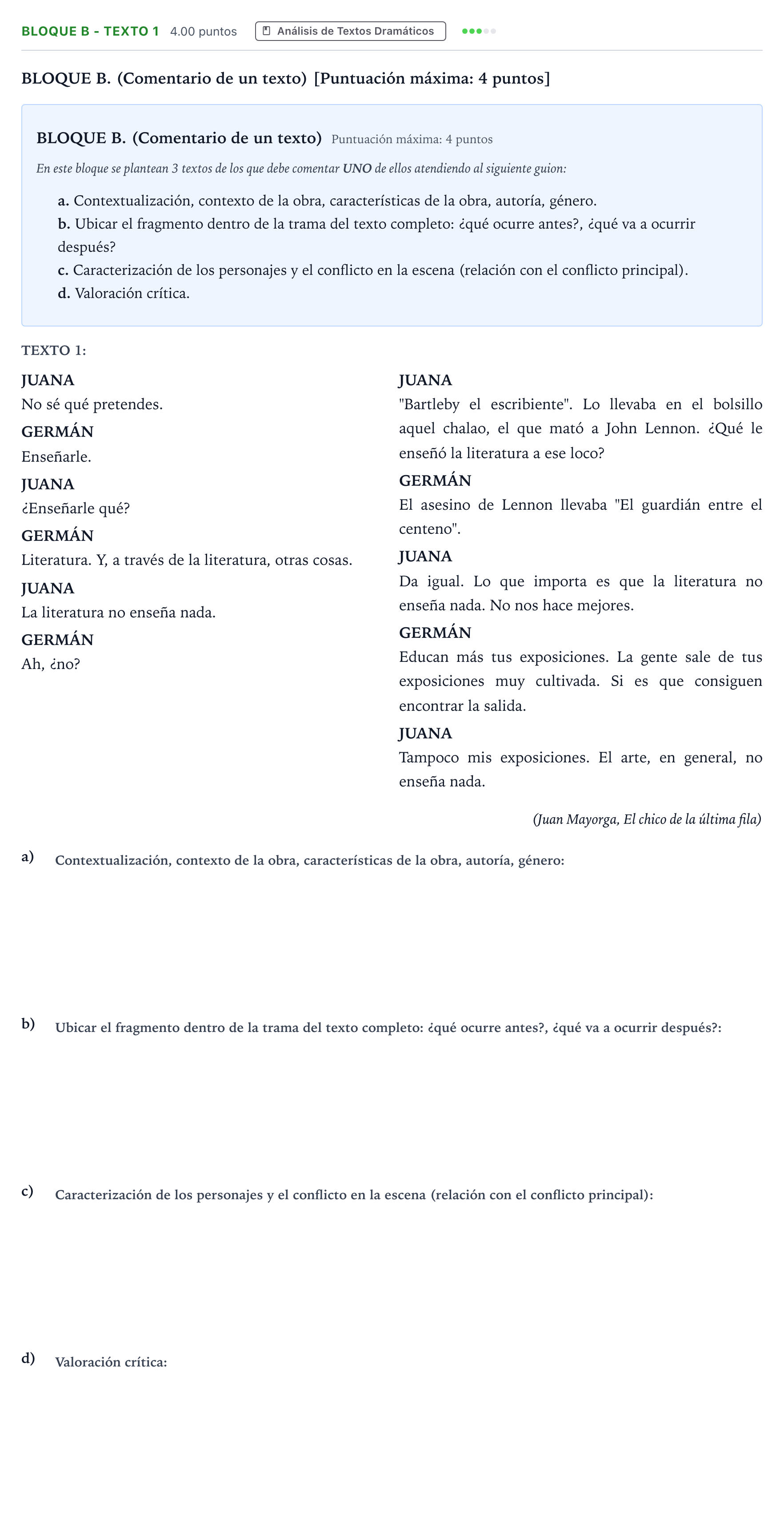 Enunciado: Bloque B - Texto 1 · Artes Escénicas PAU Andalucía Extraordinaria Titular 2023