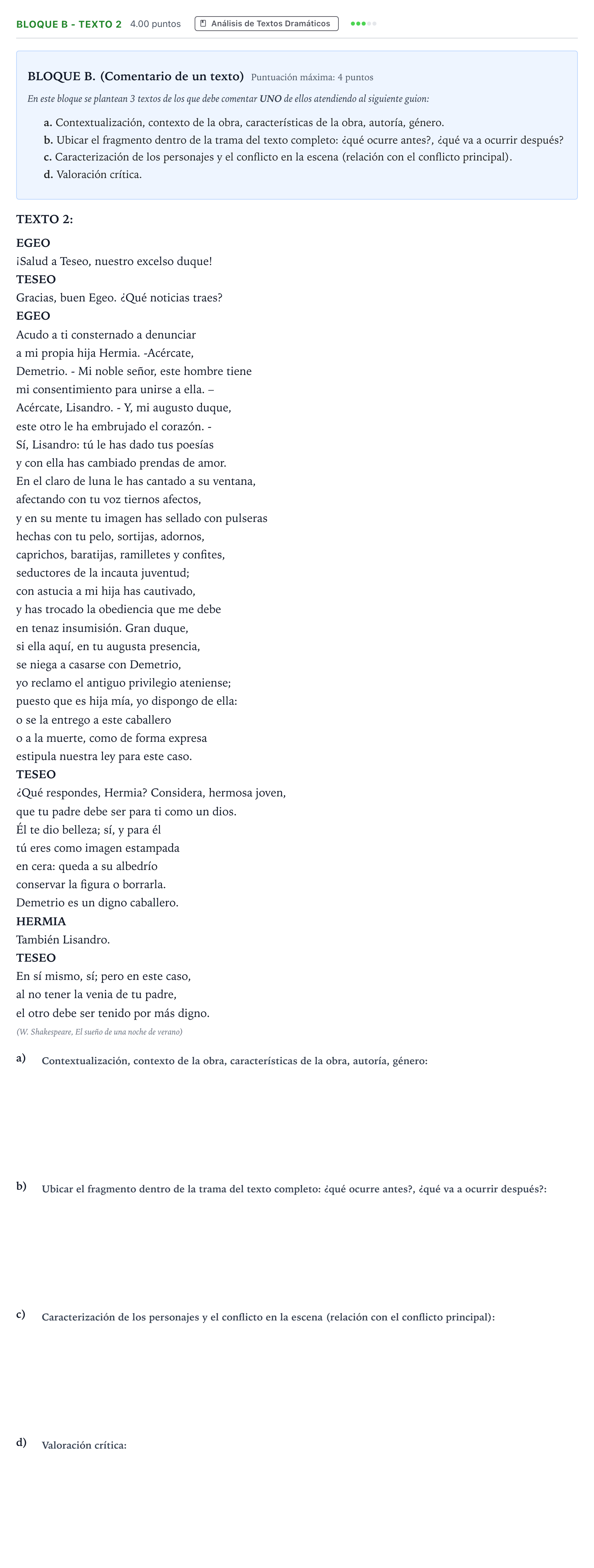 Enunciado: Bloque B - Texto 2 · Artes Escénicas PAU Andalucía Extraordinaria Titular 2023