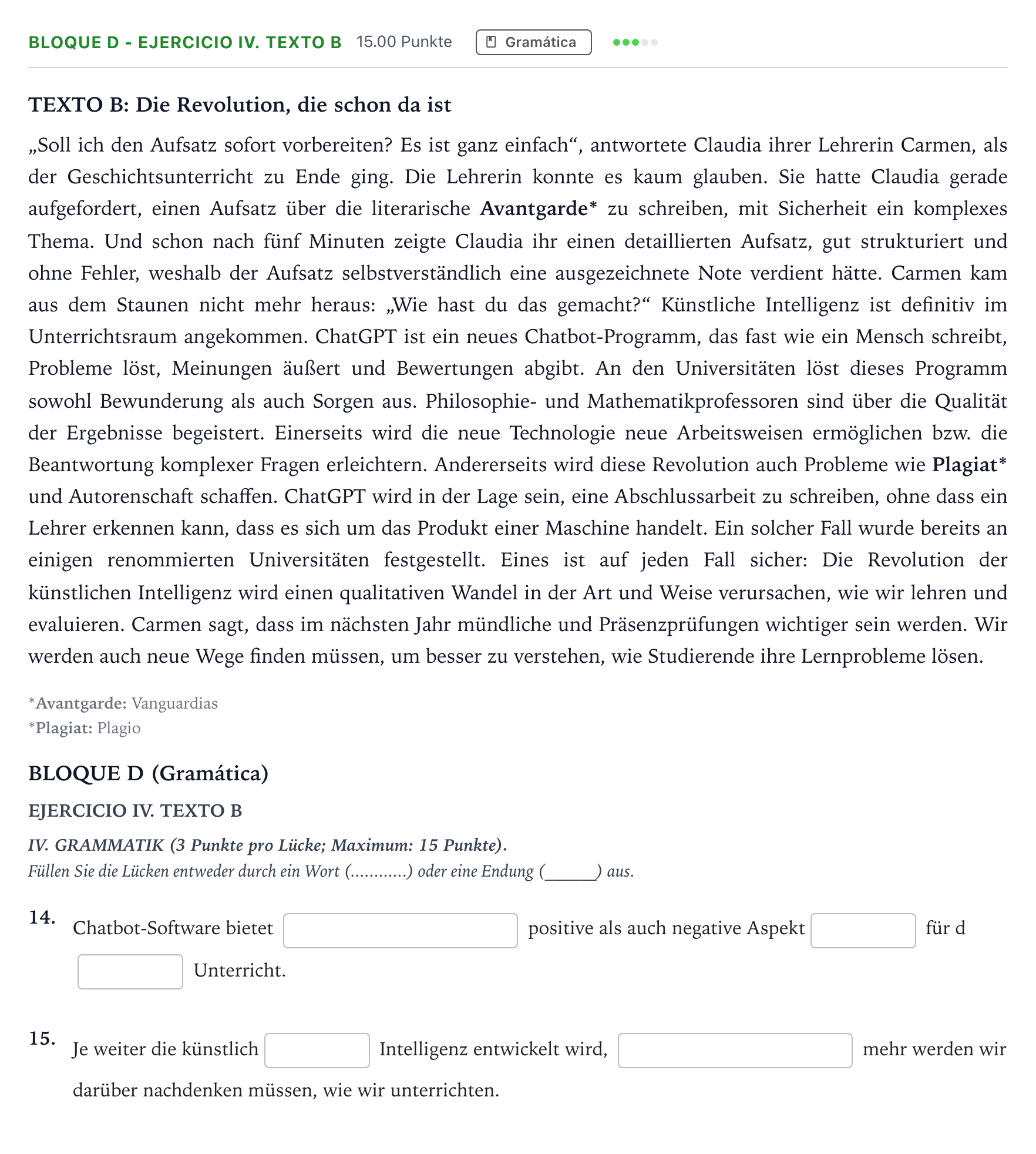 Enunciado: Bloque D - Ejercicio IV. Texto B · Alemán PAU Andalucía Extraordinaria Titular (Acceso) 2023