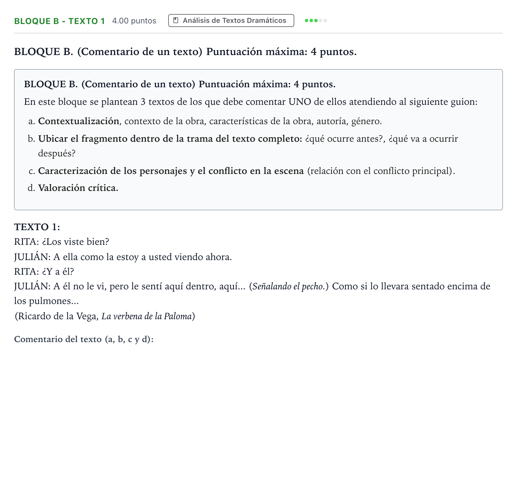 Enunciado: Bloque B - Texto 1 · Artes Escénicas PAU Andalucía Ordinaria Reserva 2023