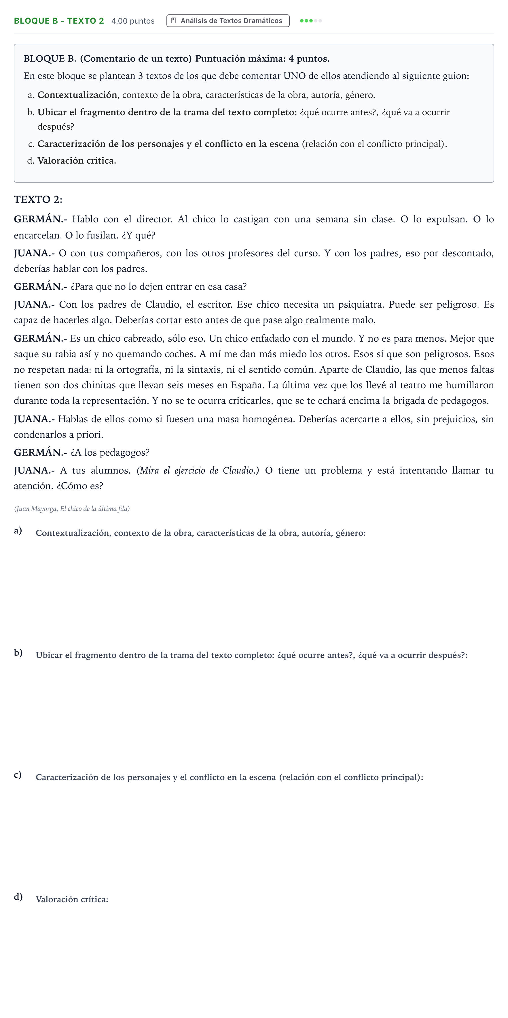 Enunciado: Bloque B - Texto 2 · Artes Escénicas PAU Andalucía Ordinaria Reserva 2023