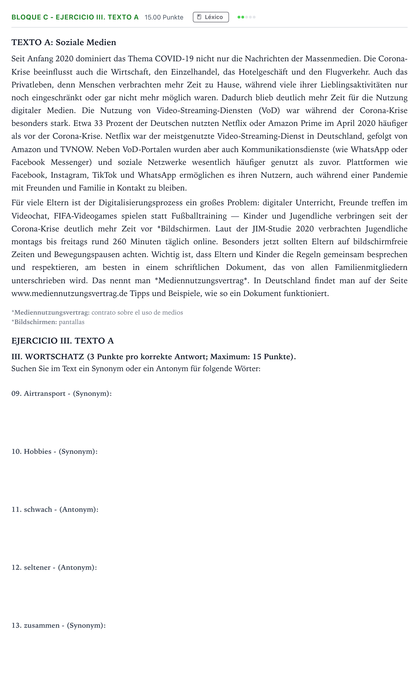 Enunciado: Bloque C - Ejercicio III. Texto A · Alemán PAU Andalucía Extraordinaria Titular (Admisión) 2023
