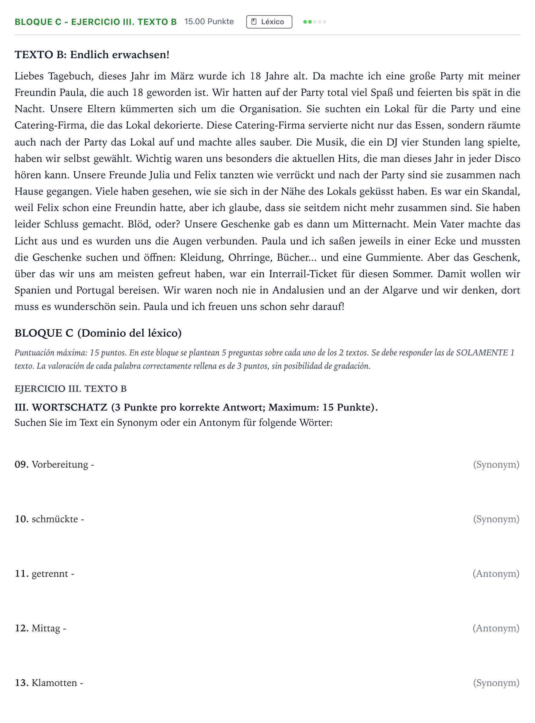Enunciado: Bloque C - Ejercicio III. Texto B · Alemán PAU Andalucía Extraordinaria Titular (Admisión) 2023