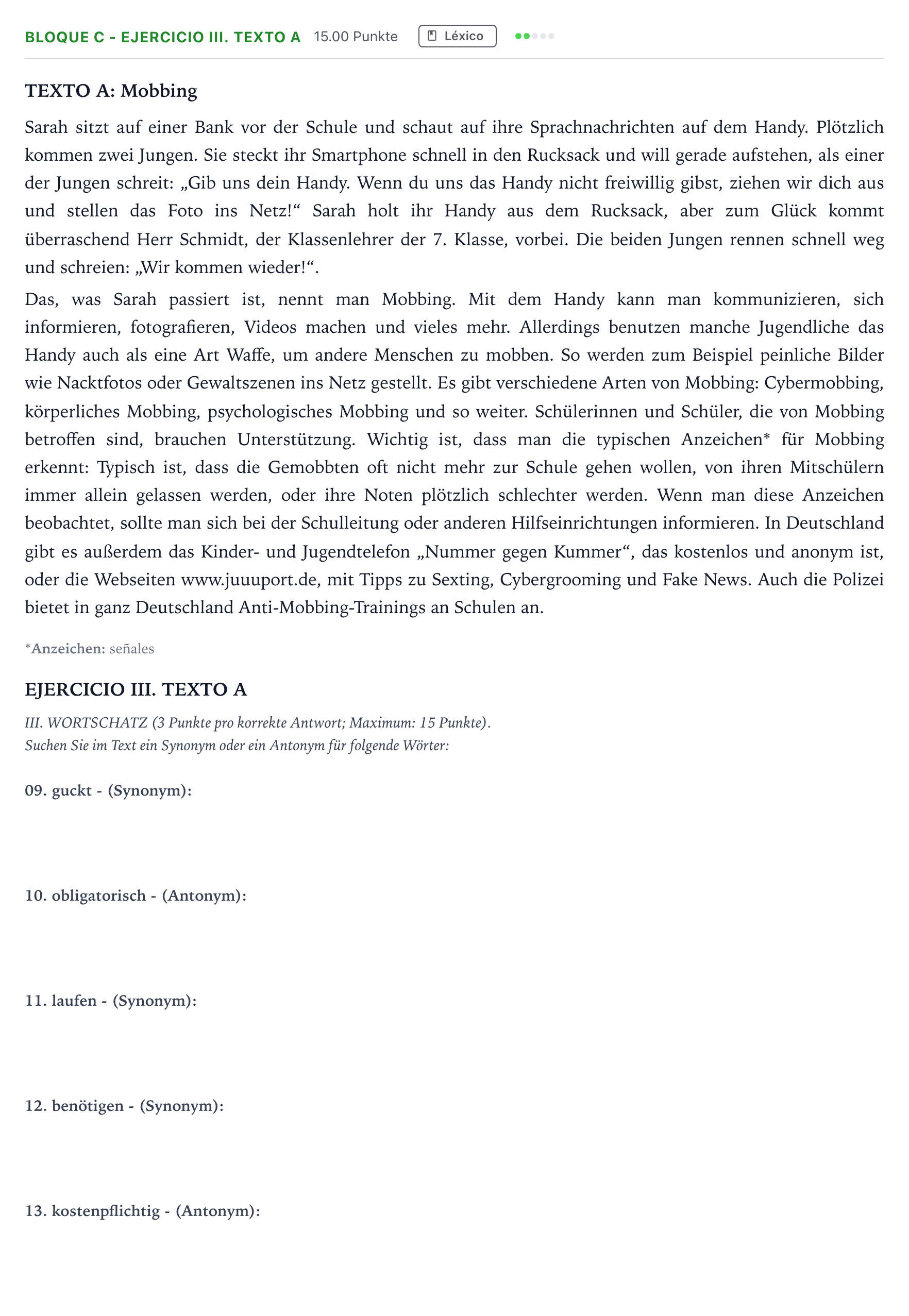 Enunciado: Bloque C - Ejercicio III. Texto A · Alemán PAU Andalucía Ordinaria Suplente 2023