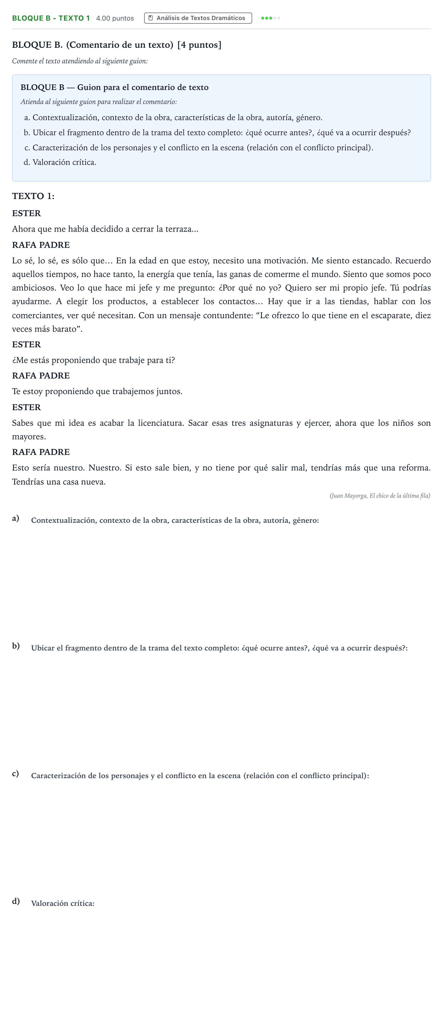 Enunciado: Bloque B - Texto 1 · Artes Escénicas PAU Andalucía Ordinaria Titular 2023