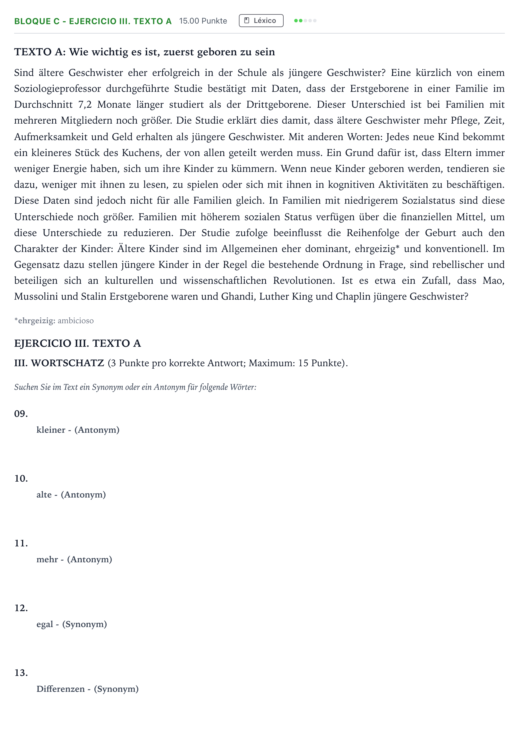 Enunciado: Bloque C - Ejercicio III. Texto A · Alemán PAU Andalucía Ordinaria Titular (Acceso) 2023