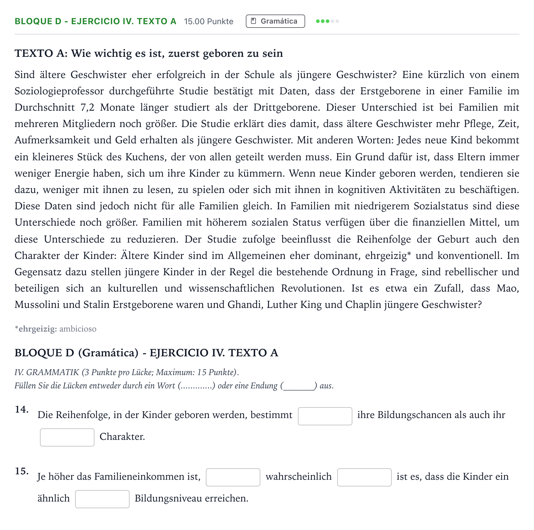 Enunciado: Bloque D - Ejercicio IV. Texto A · Alemán PAU Andalucía Ordinaria Titular (Acceso) 2023