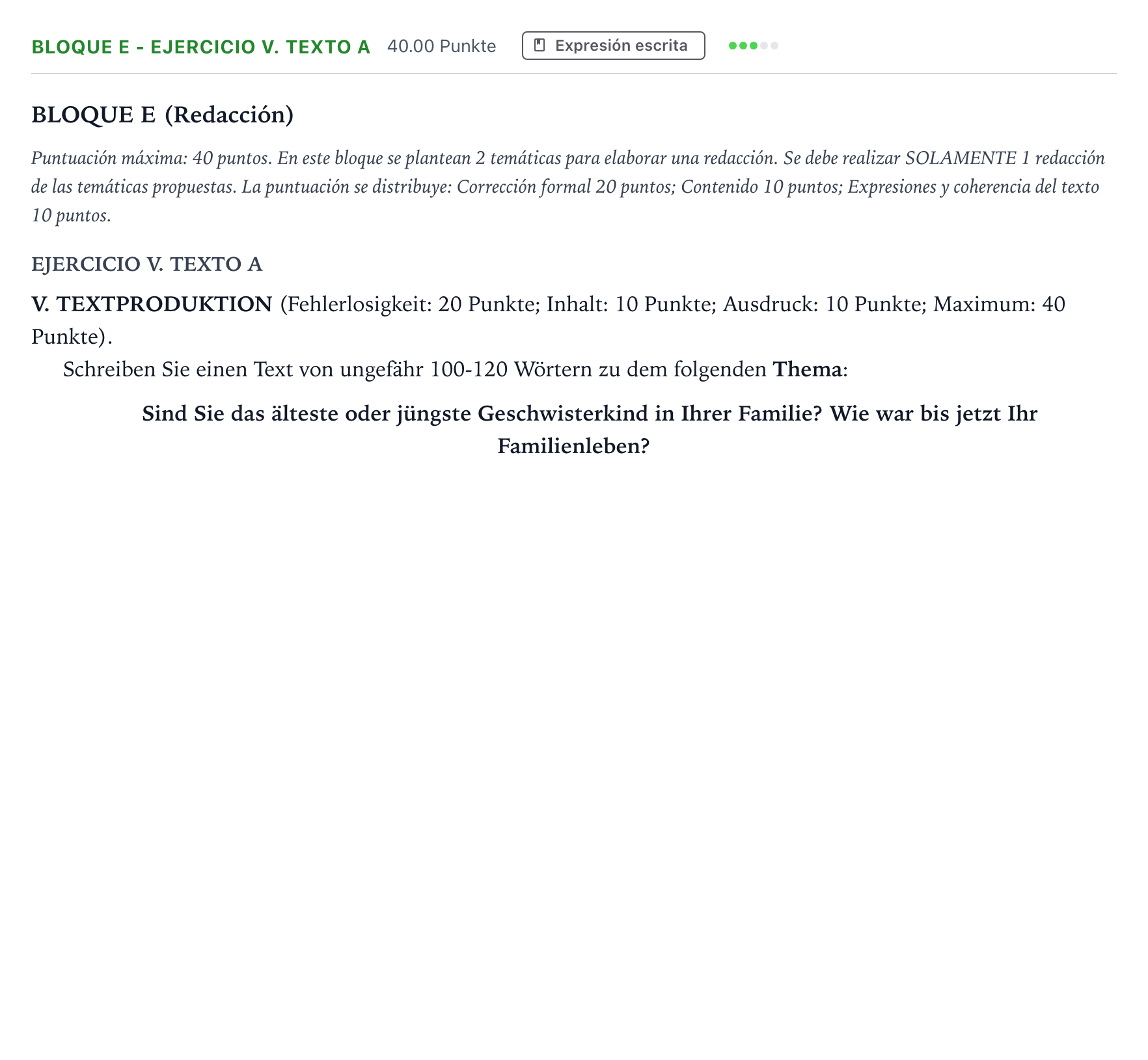 Enunciado: Bloque E - Ejercicio V. Texto A · Alemán PAU Andalucía Ordinaria Titular (Acceso) 2023