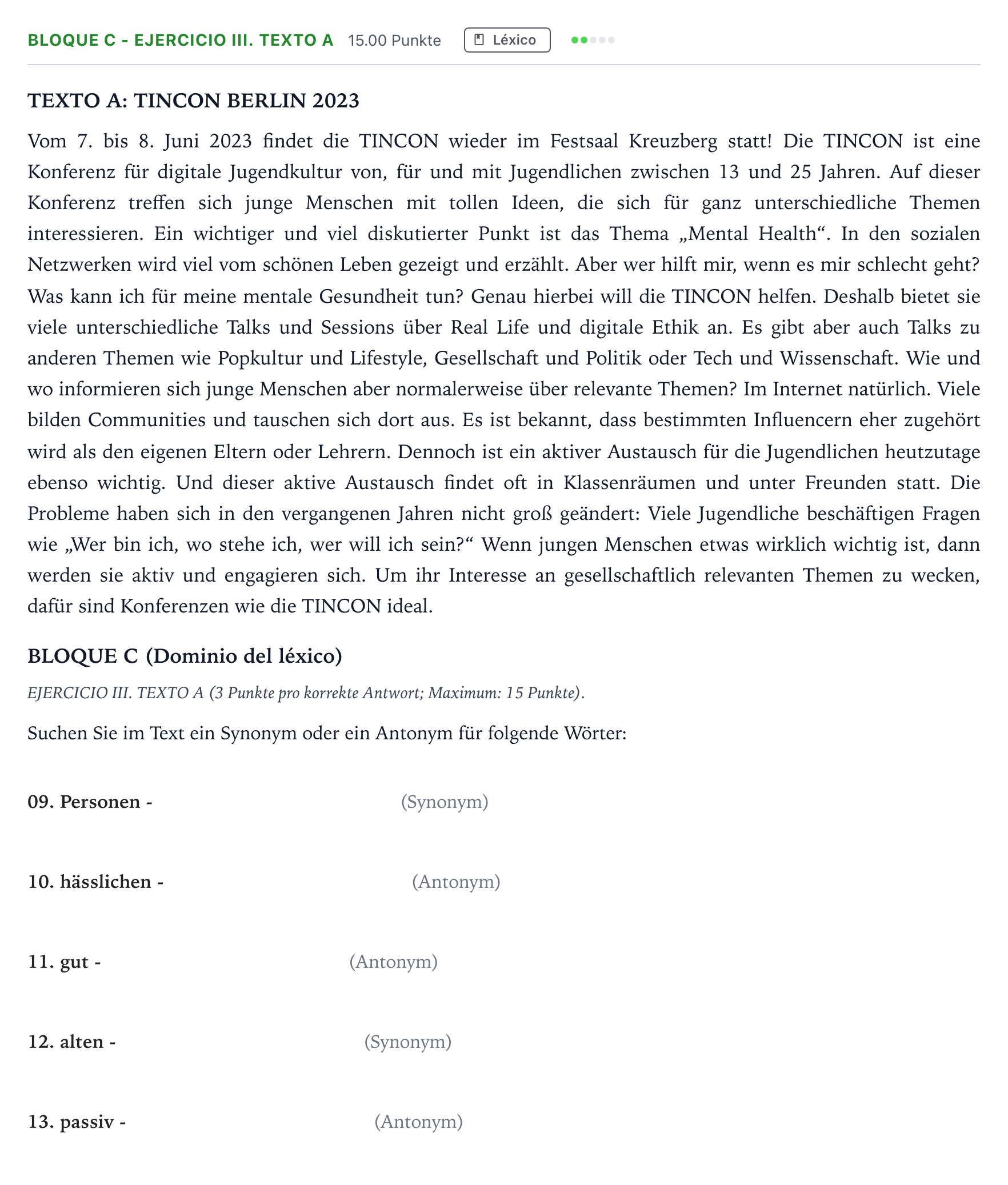 Enunciado: Bloque C - Ejercicio III. Texto A · Alemán PAU Andalucía Ordinaria Titular (Admisión) 2023