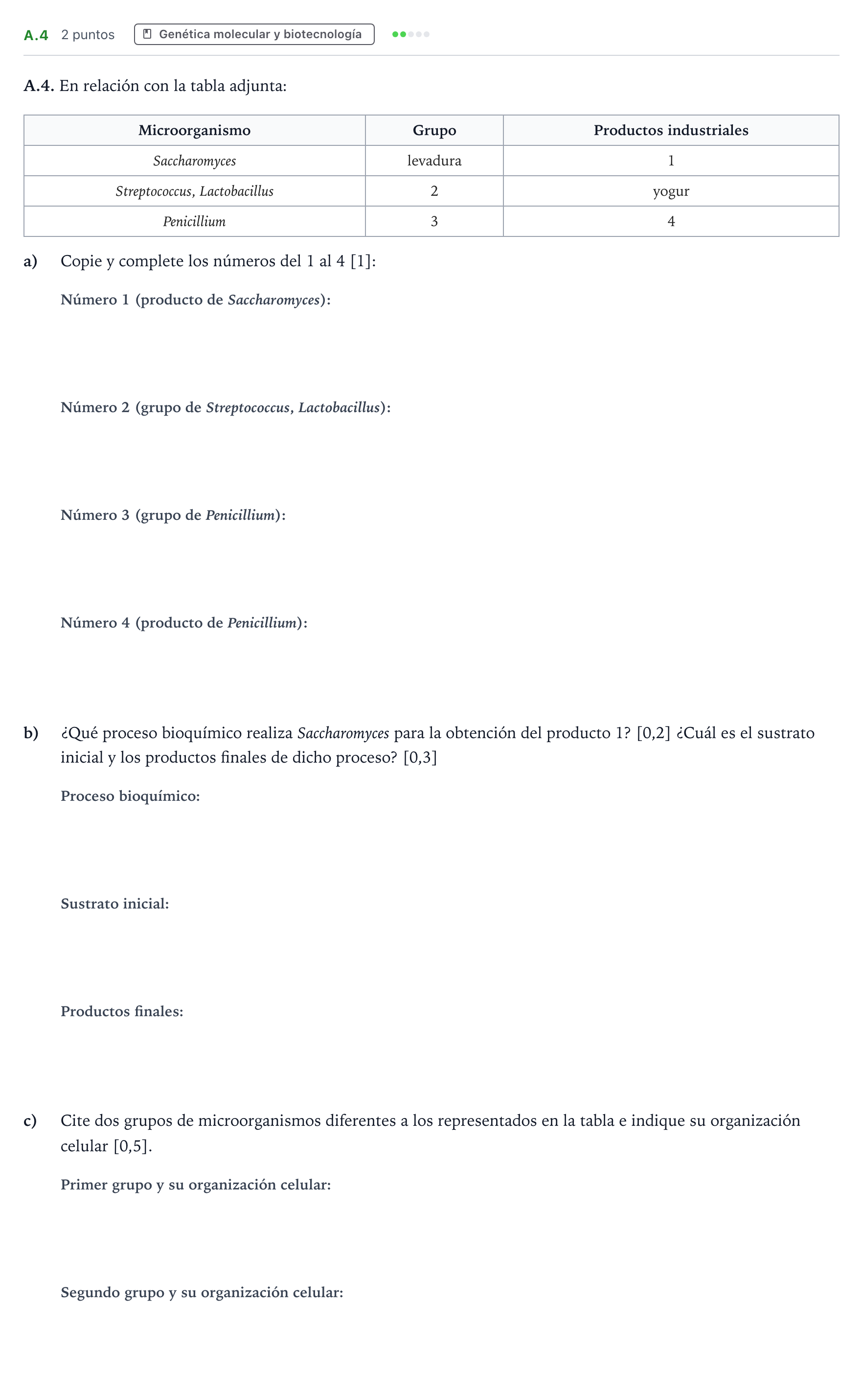 Enunciado: Ejercicio A.4 · Biología PAU Andalucía Extraordinaria Titular 2023