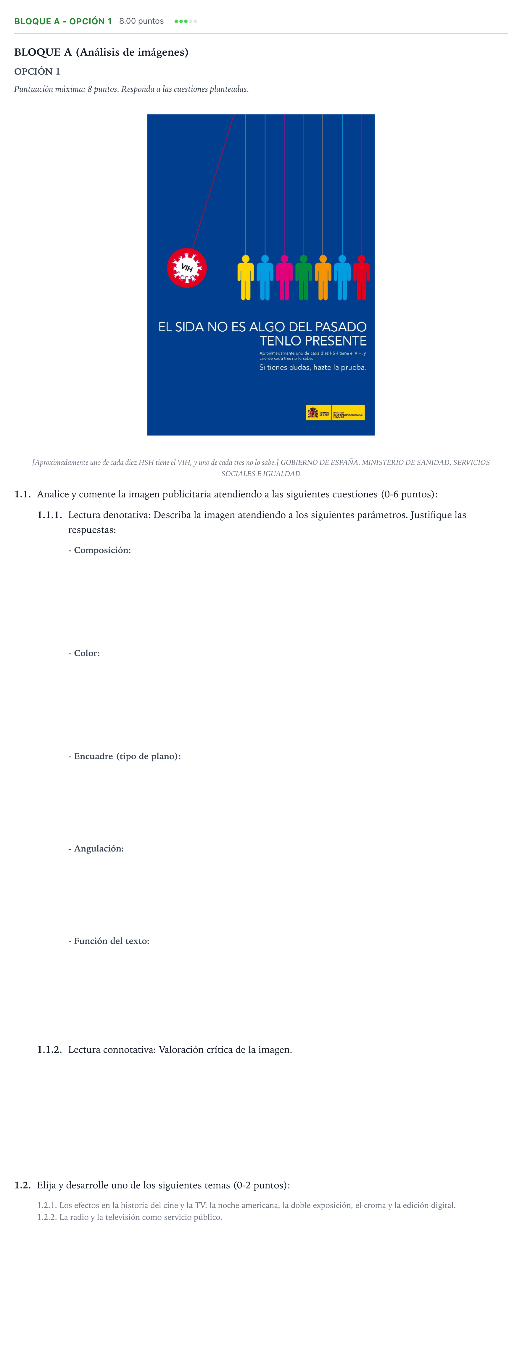 Enunciado: Bloque A - Opción 1 · Cultura Audiovisual II PAU Andalucía Extraordinaria Titular 2023