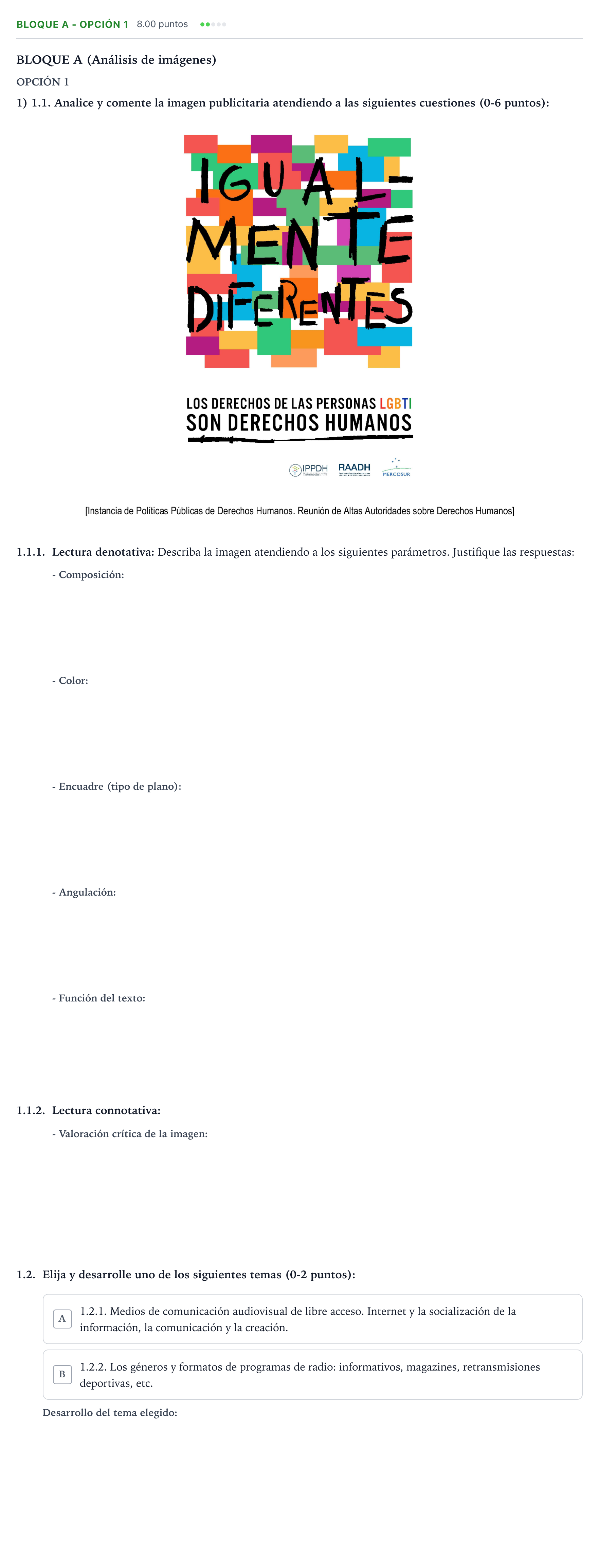 Enunciado: Bloque A - Opción 1 · Cultura Audiovisual II PAU Andalucía Ordinaria Titular 2023