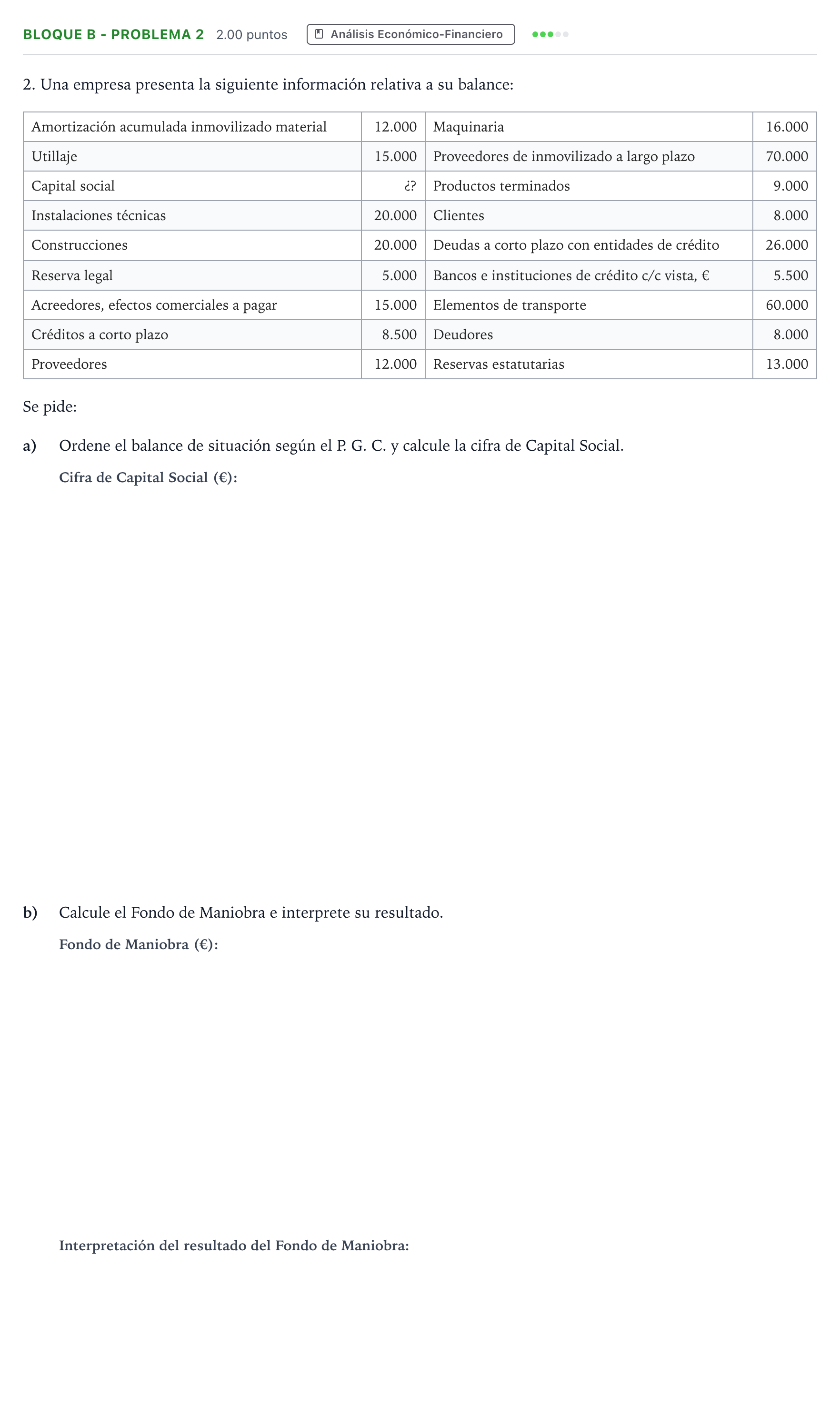 Enunciado: Bloque B - Problema 2 · Economía de la Empresa PAU Andalucía Extraordinaria Titular 2023